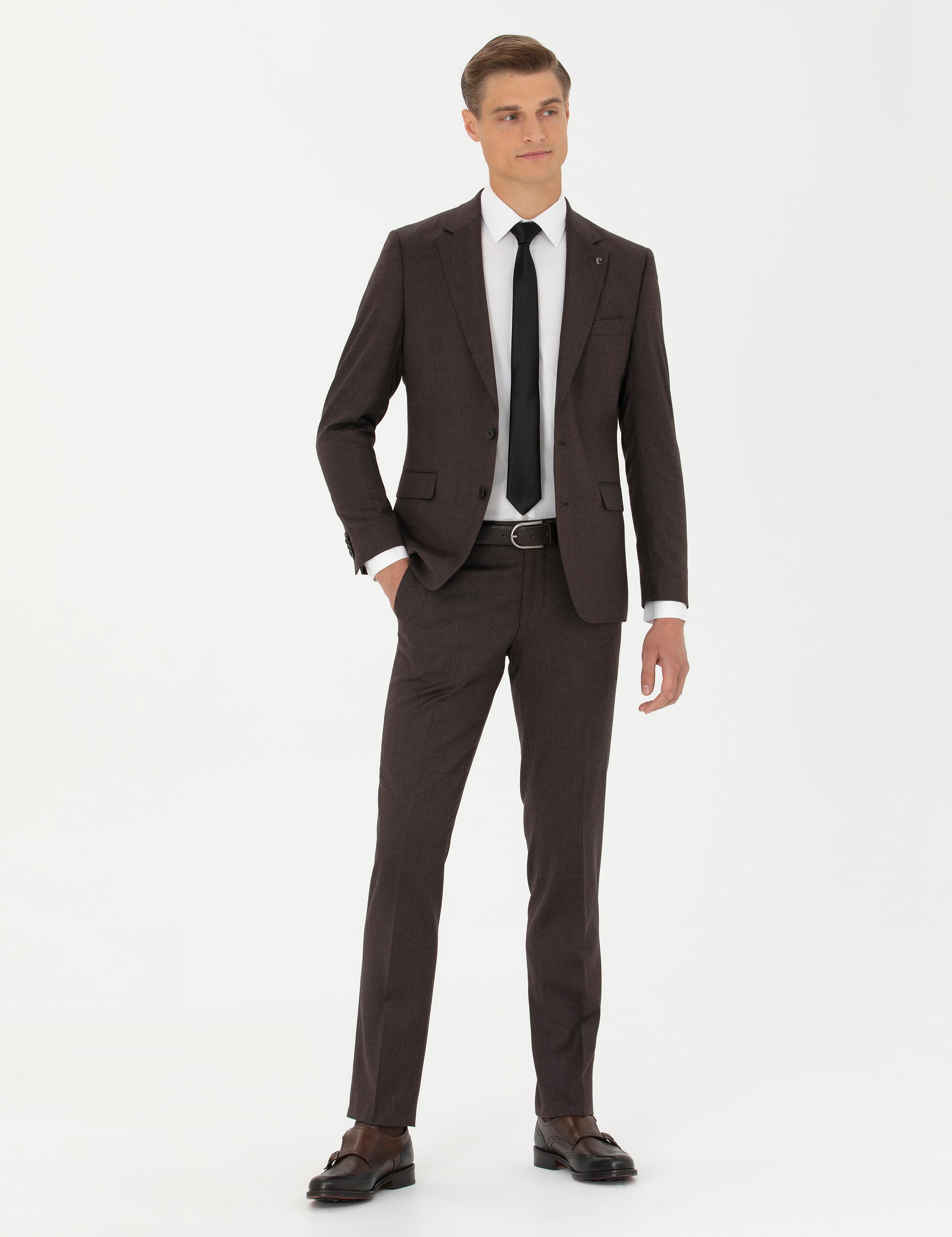 Kahverengi Slim Fit Yün Karışımlı Klasik Ceket - 50270152083
