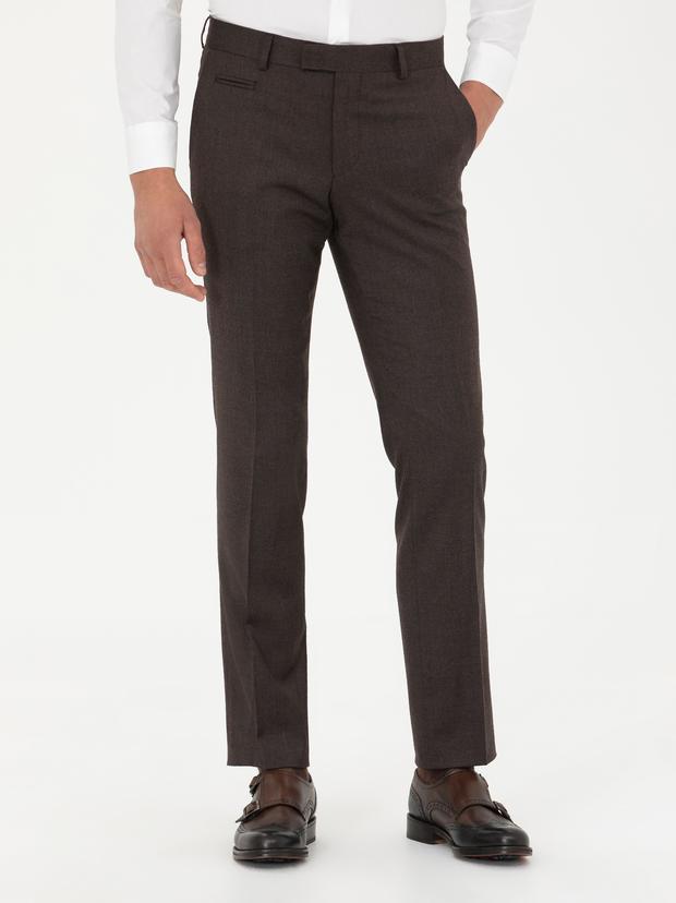 Kahverengi Slim Fit Yün Karışımlı Kumaş Pantolon