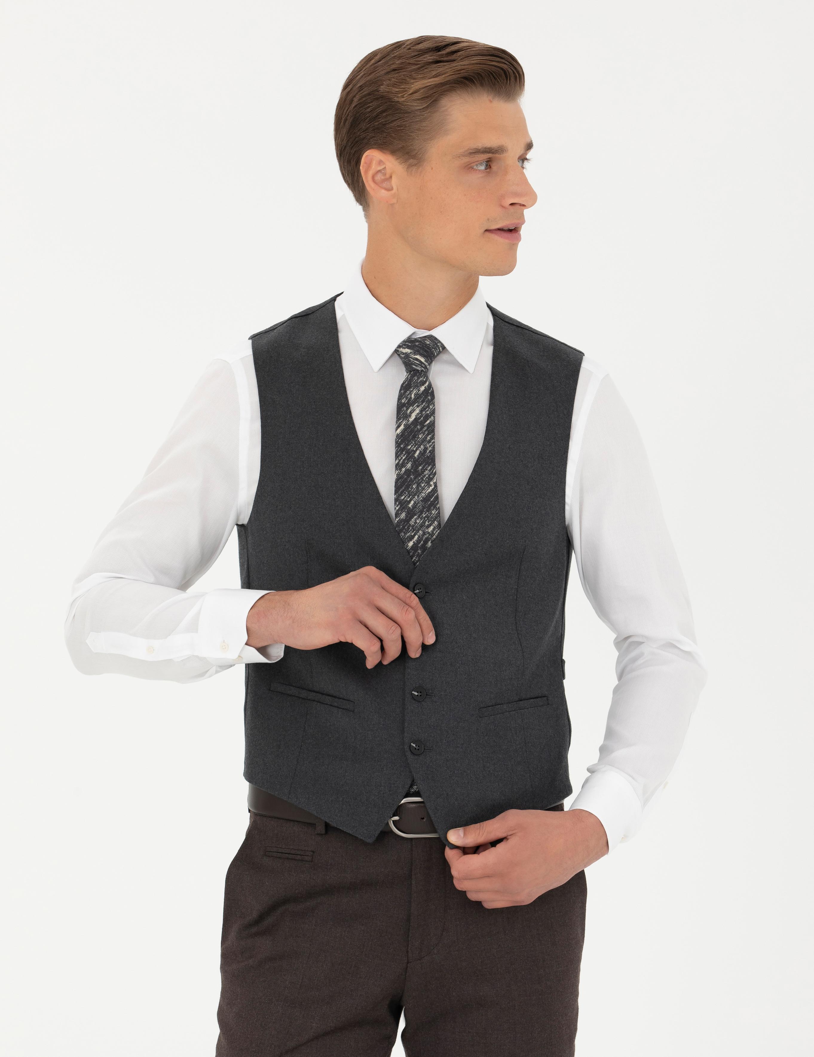 Antrasit Slim Fit Yün Karışımlı Klasik Yelek - 50270155008