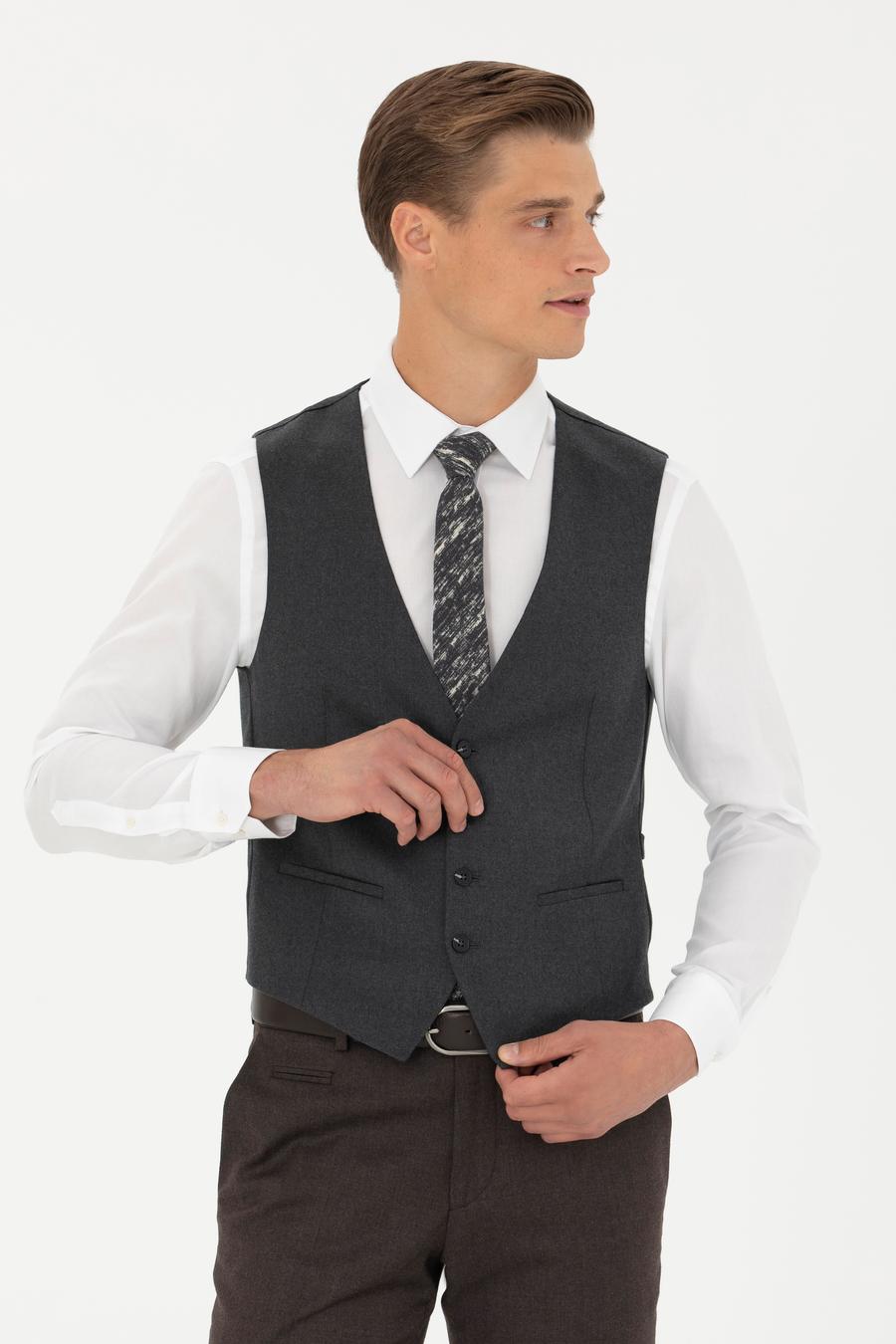 Antrasit Slim Fit Yün Karışımlı Klasik Yelek - 50270155008