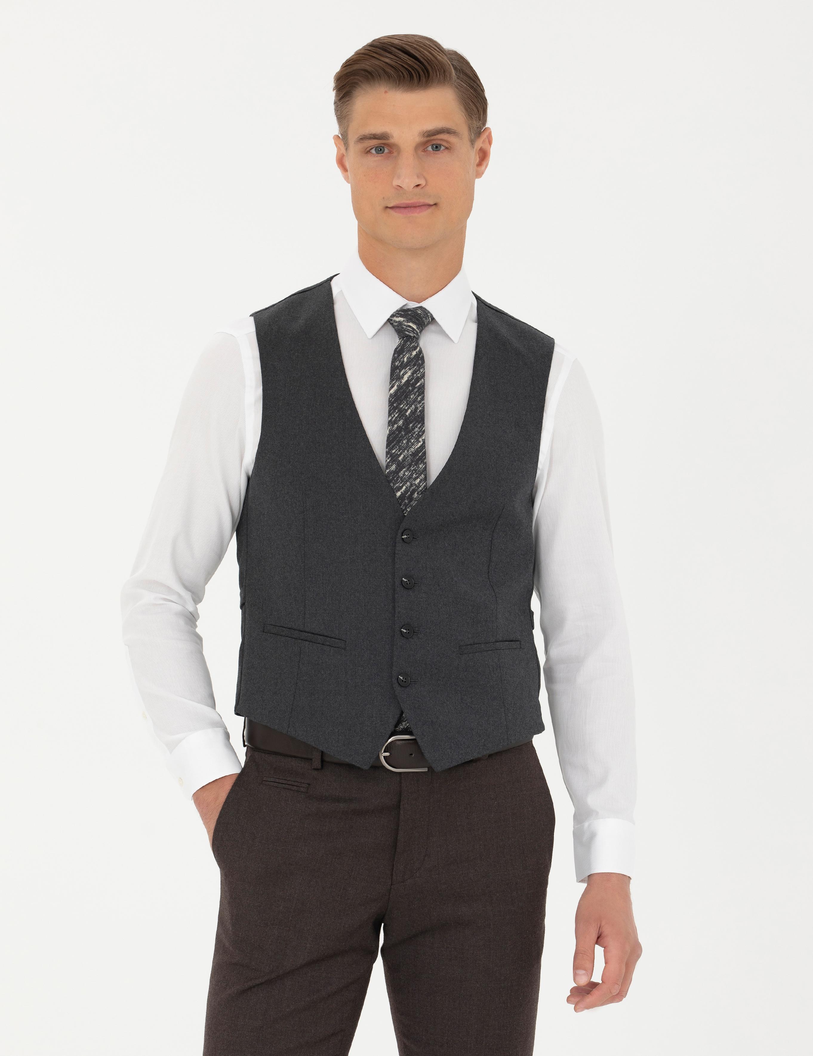 Antrasit Slim Fit Yün Karışımlı Klasik Yelek - 50270155008