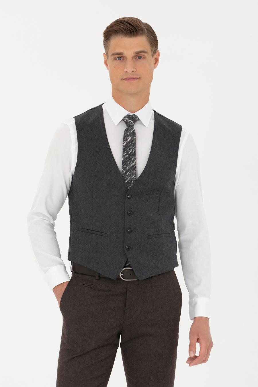 Antrasit Slim Fit Yün Karışımlı Klasik Yelek - 50270155008