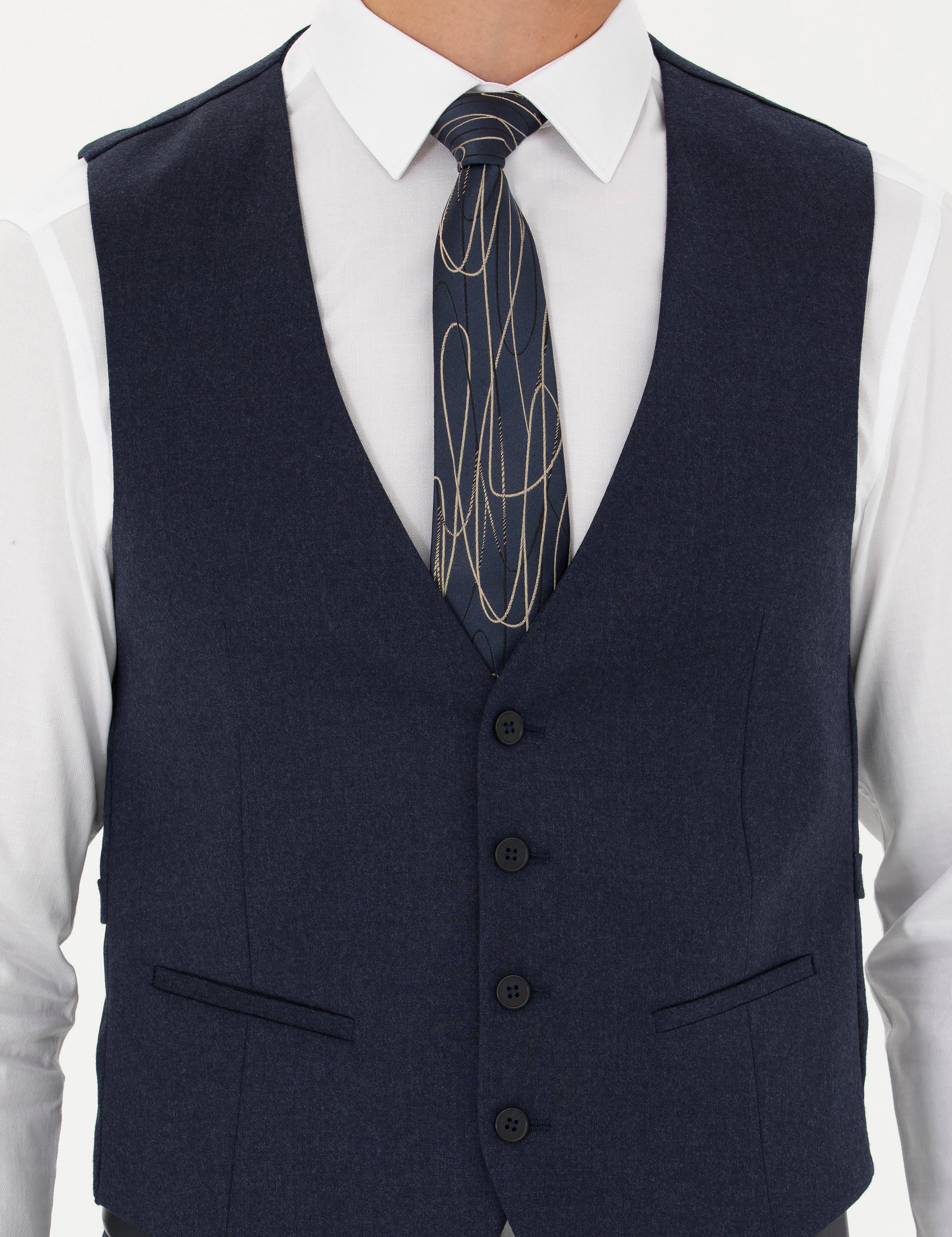 Lacivert Slim Fit Yün Karışımlı Çizgili Klasik Yelek - 50270155040