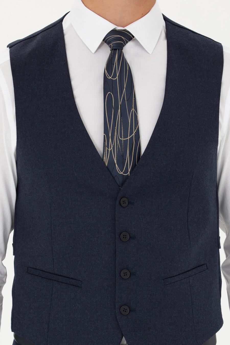 Lacivert Slim Fit Yün Karışımlı Çizgili Klasik Yelek - 50270155040