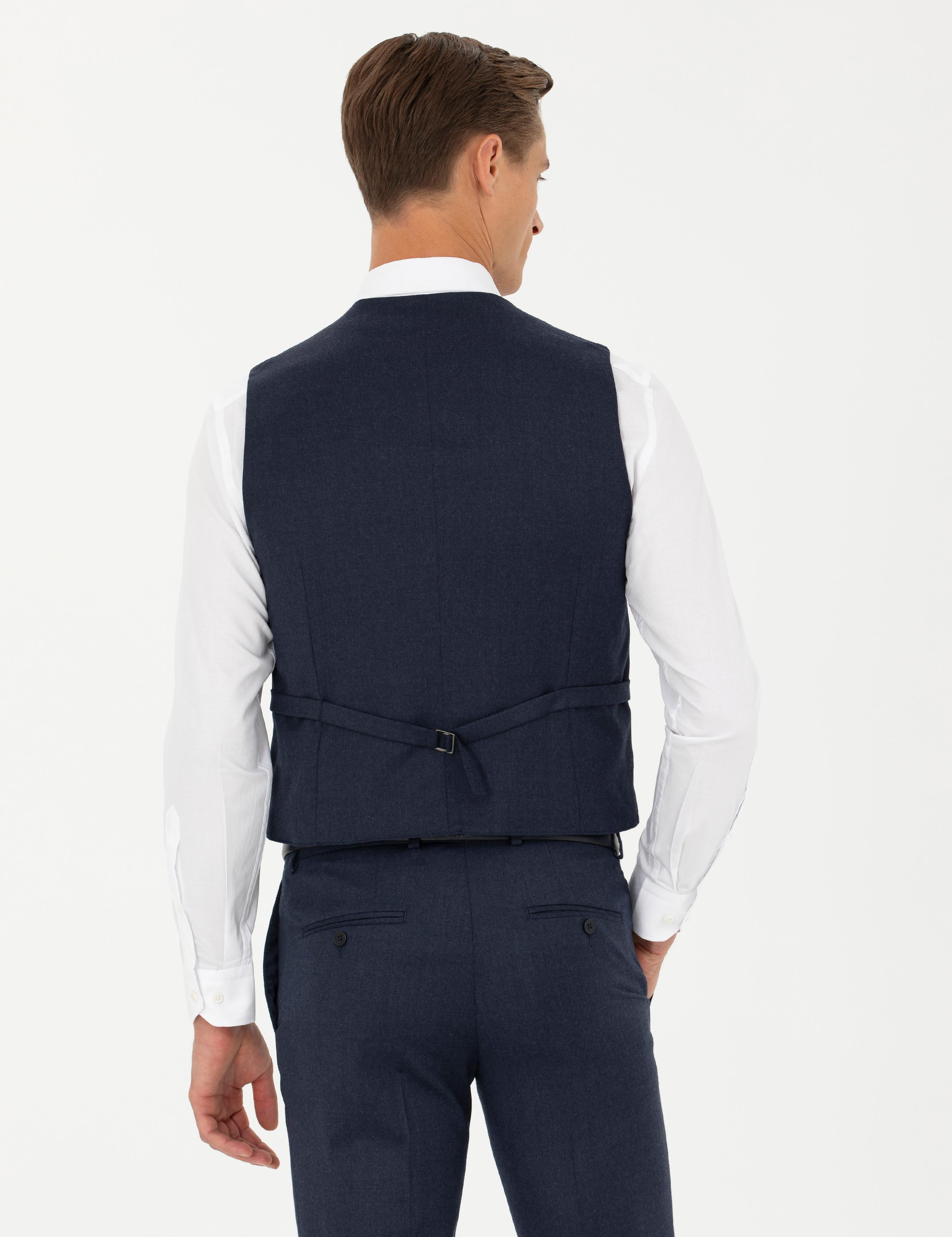 Lacivert Slim Fit Yün Karışımlı Çizgili Klasik Yelek - 50270155040