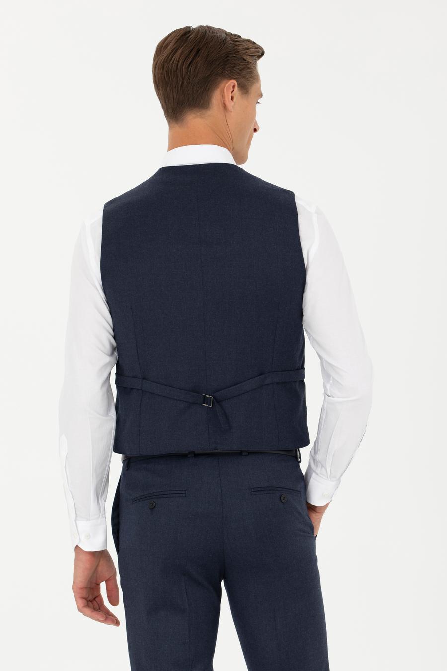Lacivert Slim Fit Yün Karışımlı Çizgili Klasik Yelek - 50270155040