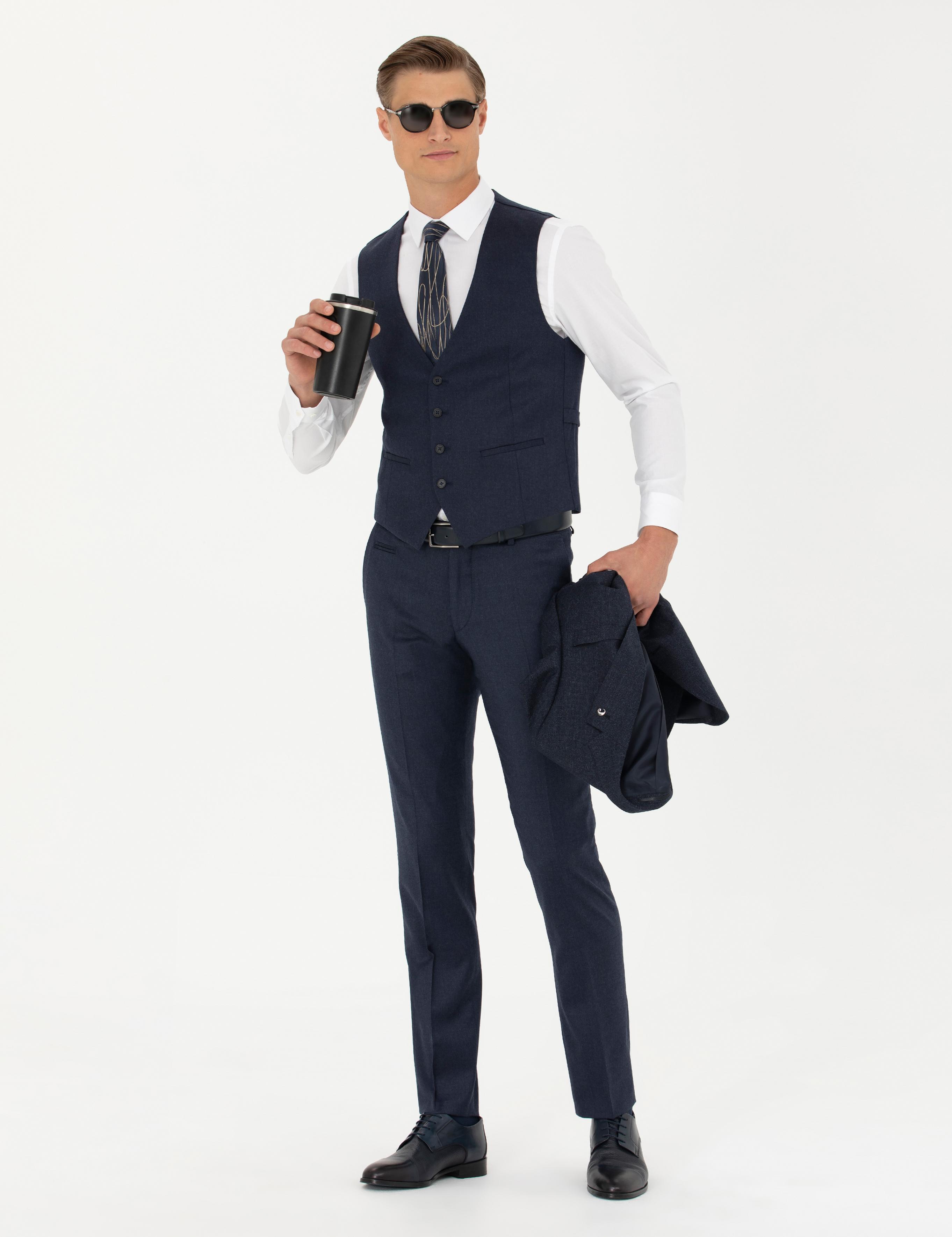 Lacivert Slim Fit Yün Karışımlı Çizgili Klasik Yelek - 50270155040