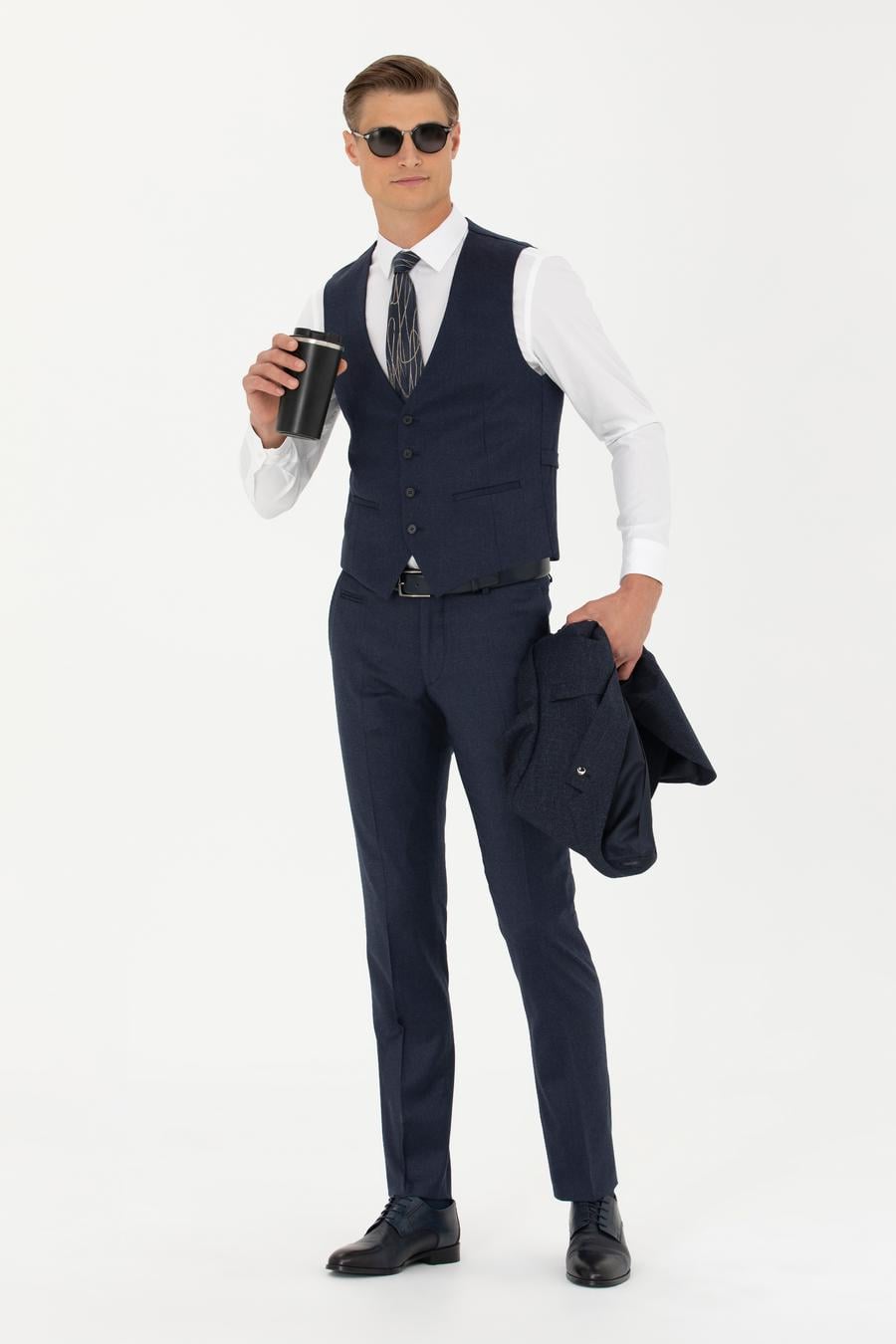 Lacivert Slim Fit Yün Karışımlı Çizgili Klasik Yelek - 50270155040