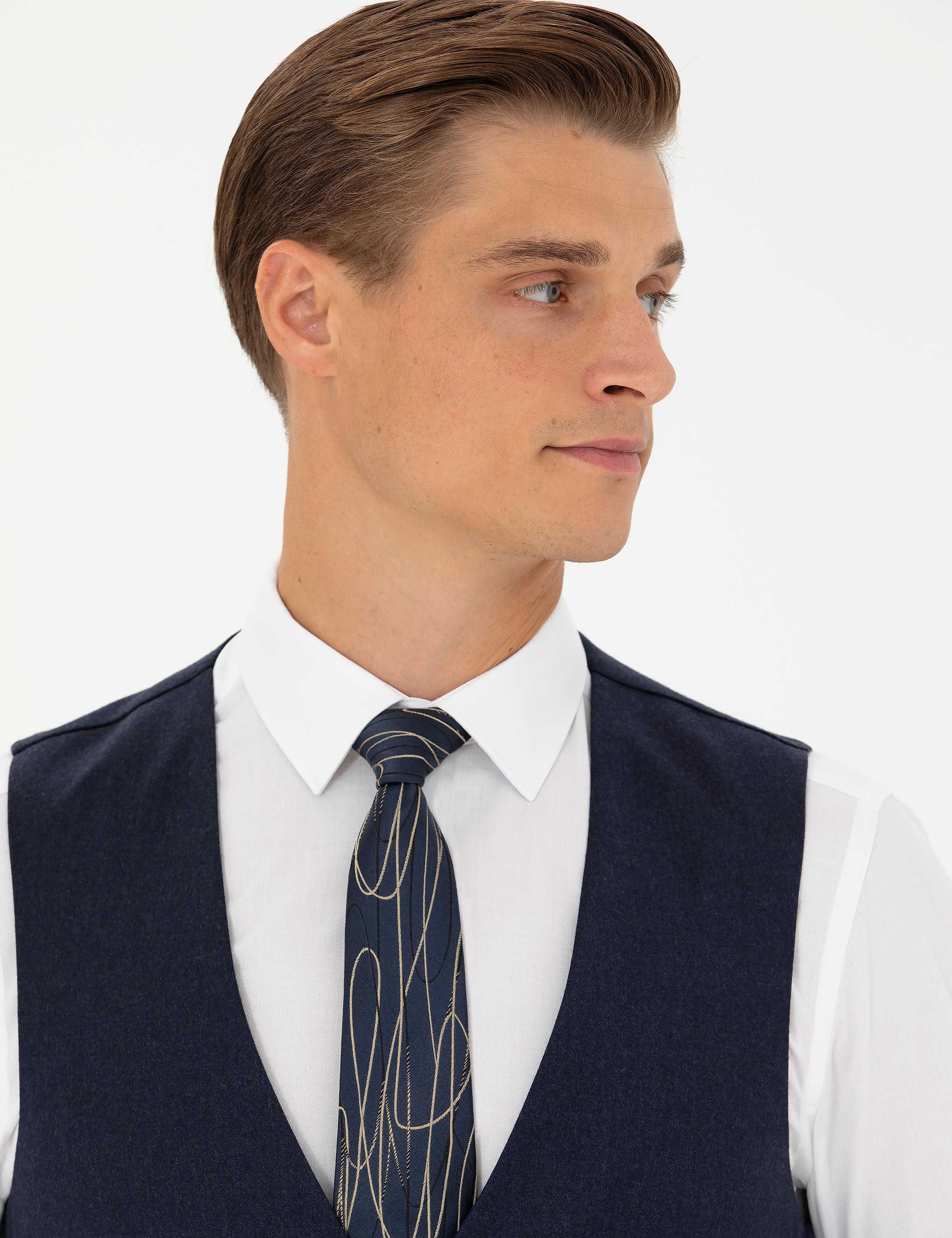 Lacivert Slim Fit Yün Karışımlı Çizgili Klasik Yelek - 50270155040