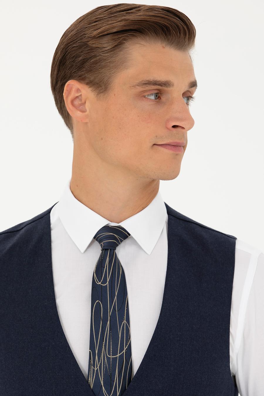 Lacivert Slim Fit Yün Karışımlı Çizgili Klasik Yelek - 50270155040