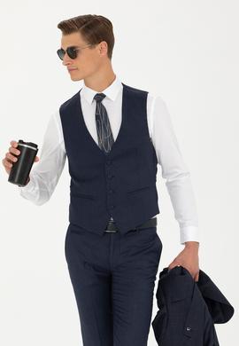 Lacivert Slim Fit Yün Karışımlı Çizgili Klasik Yelek