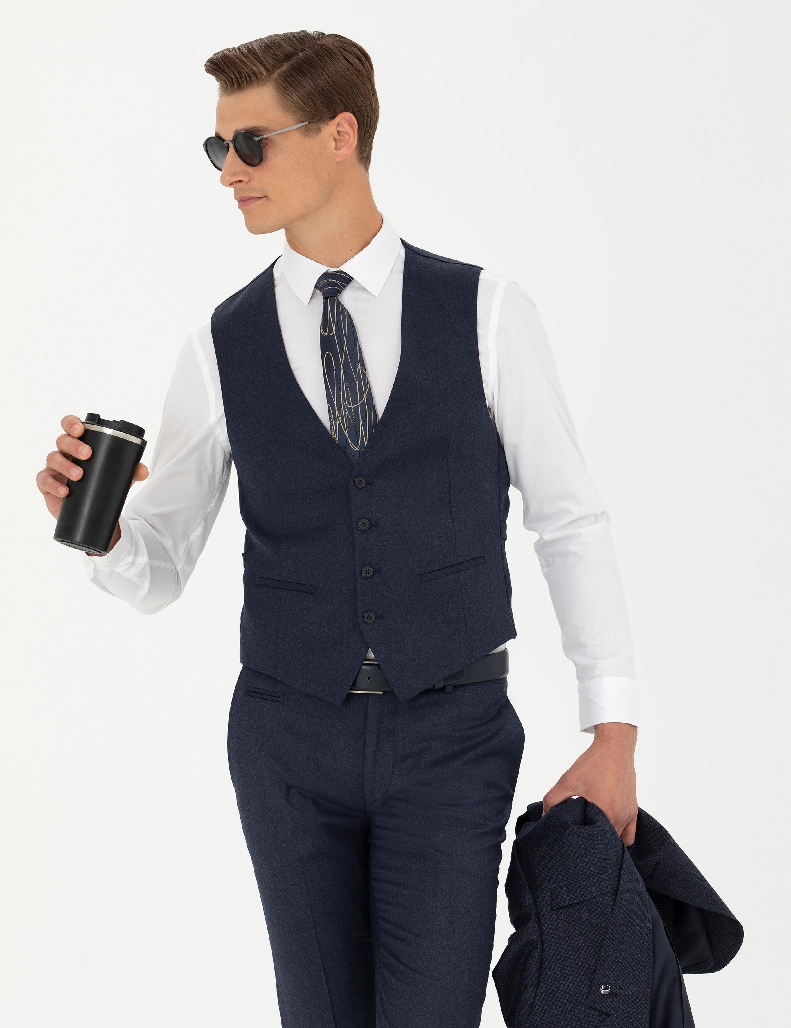 Lacivert Slim Fit Yün Karışımlı Çizgili Klasik Yelek - 50270155040