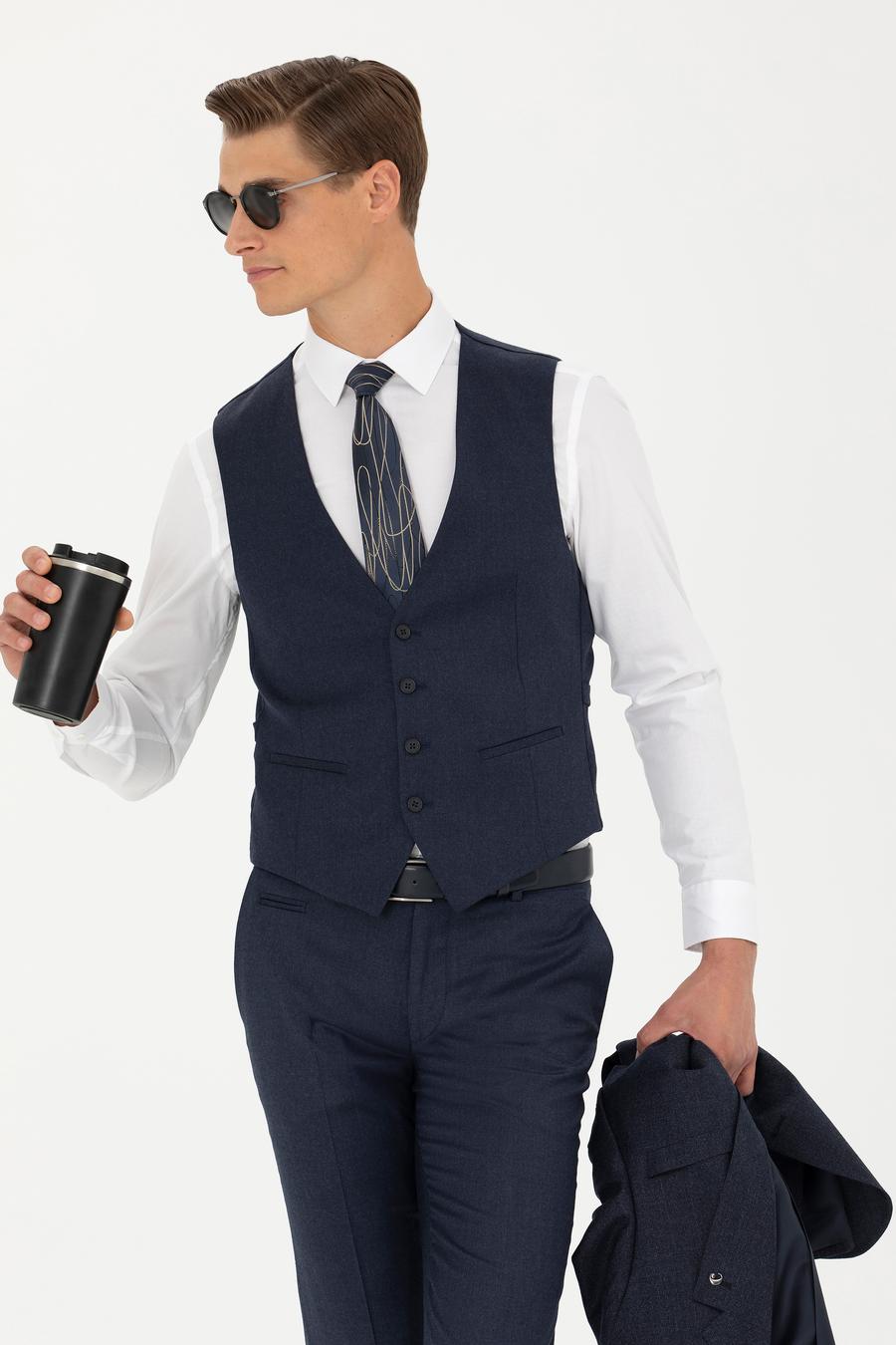 Lacivert Slim Fit Yün Karışımlı Çizgili Klasik Yelek - 50270155040