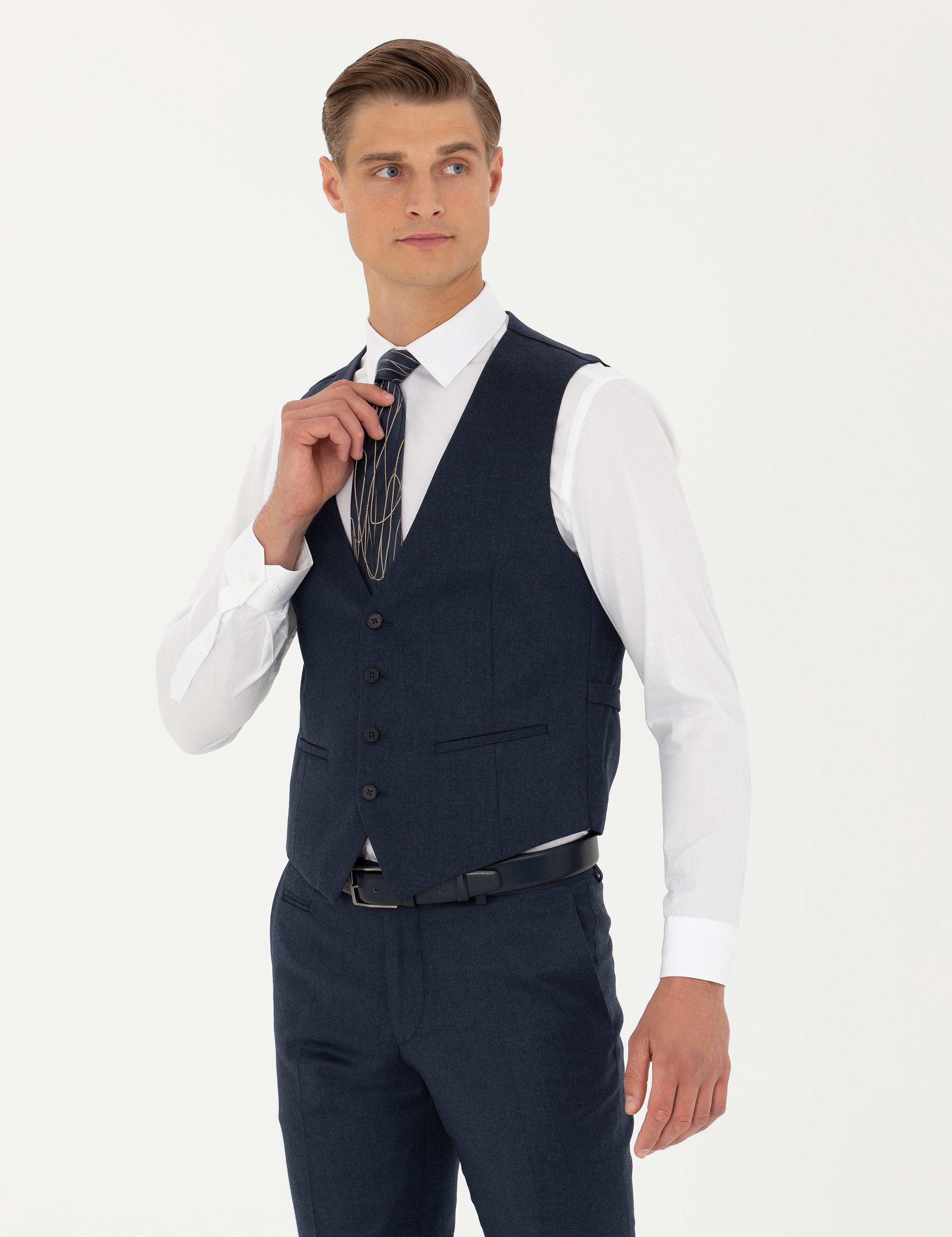 Lacivert Slim Fit Yün Karışımlı Çizgili Klasik Yelek - 50270155040