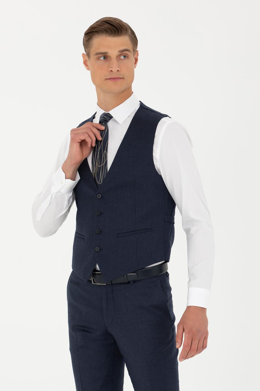 Lacivert Slim Fit Yün Karışımlı Çizgili Klasik Yelek - 50270155040