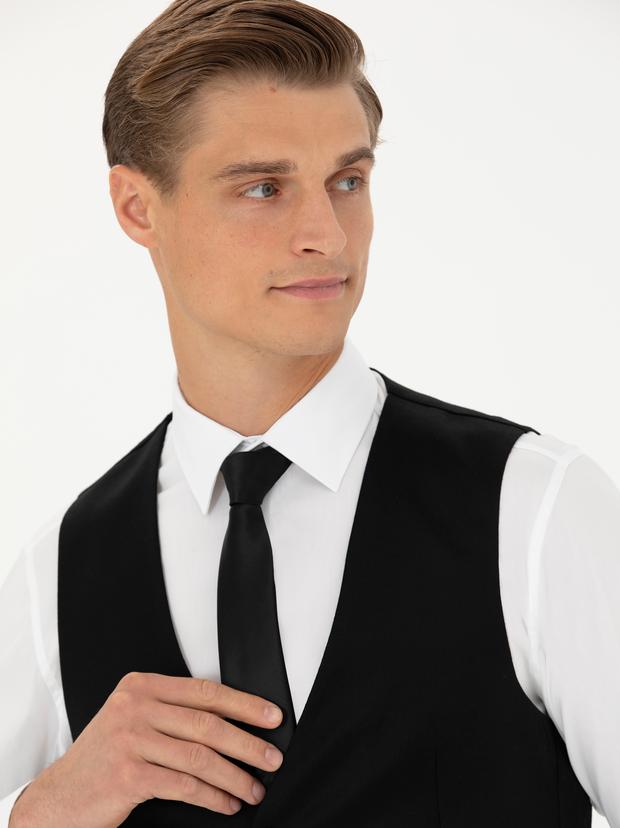 Siyah Slim Fit Yün Karışımlı Klasik Yelek