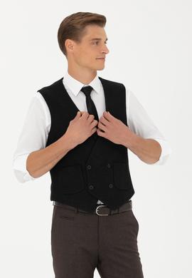 Siyah Slim Fit Yün Karışımlı Çizgili Klasik Yelek
