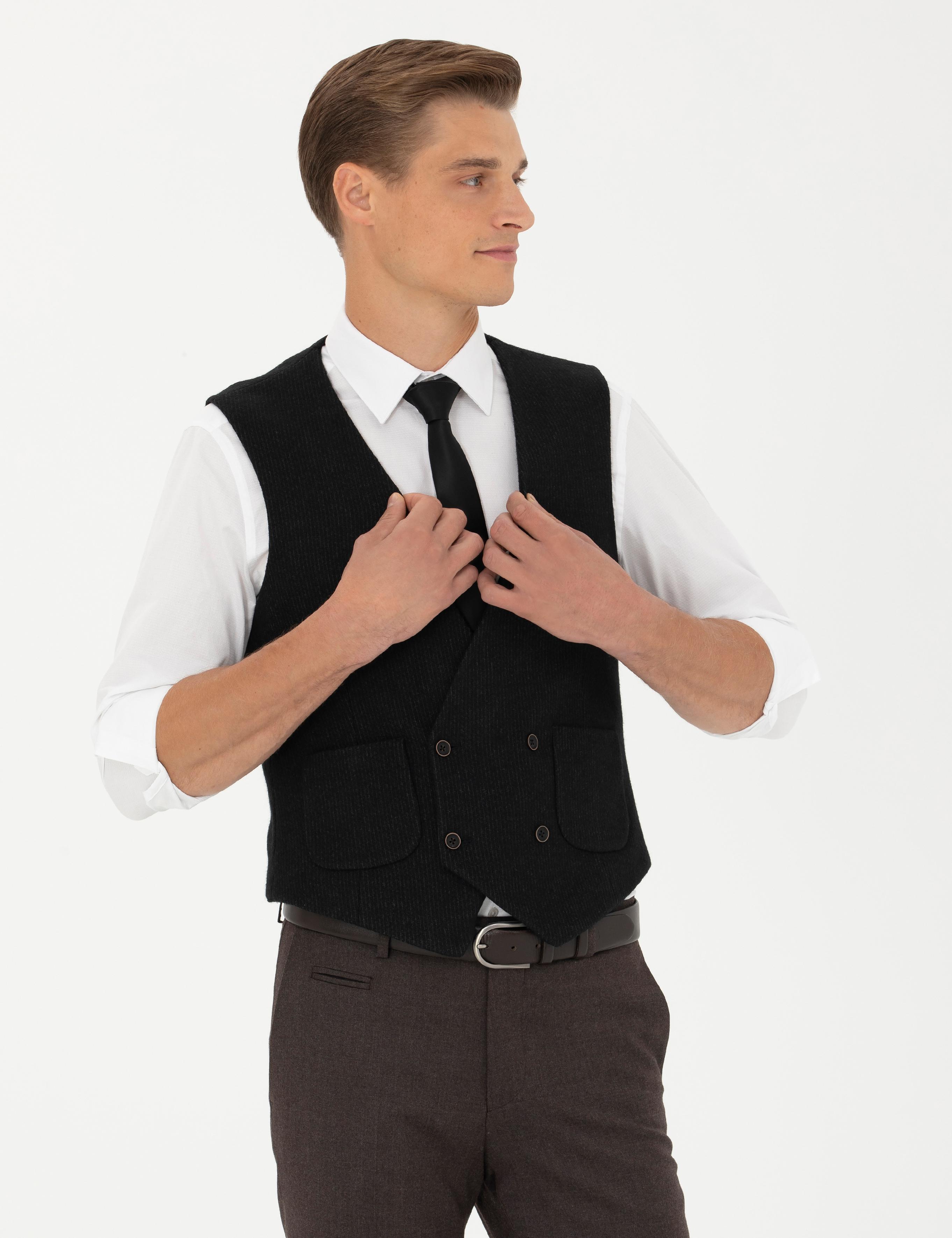 Siyah Slim Fit Yün Karışımlı Çizgili Klasik Yelek - 50276508013