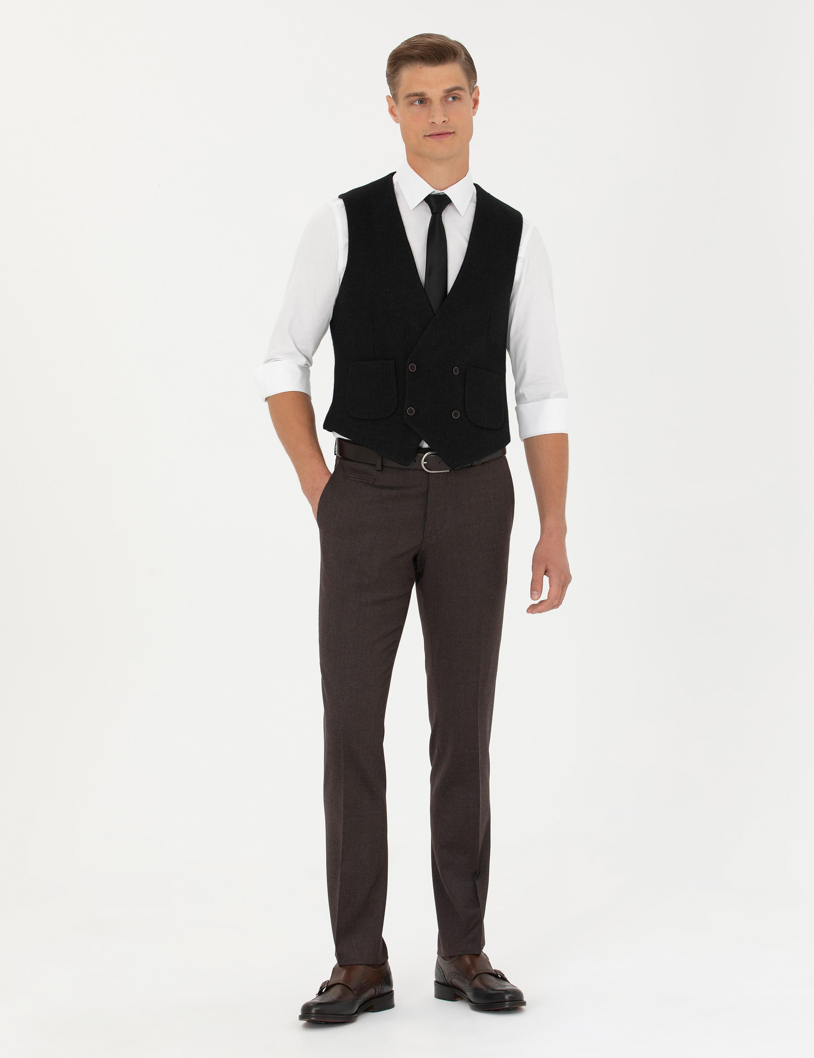 Siyah Slim Fit Yün Karışımlı Çizgili Klasik Yelek - 50276508013