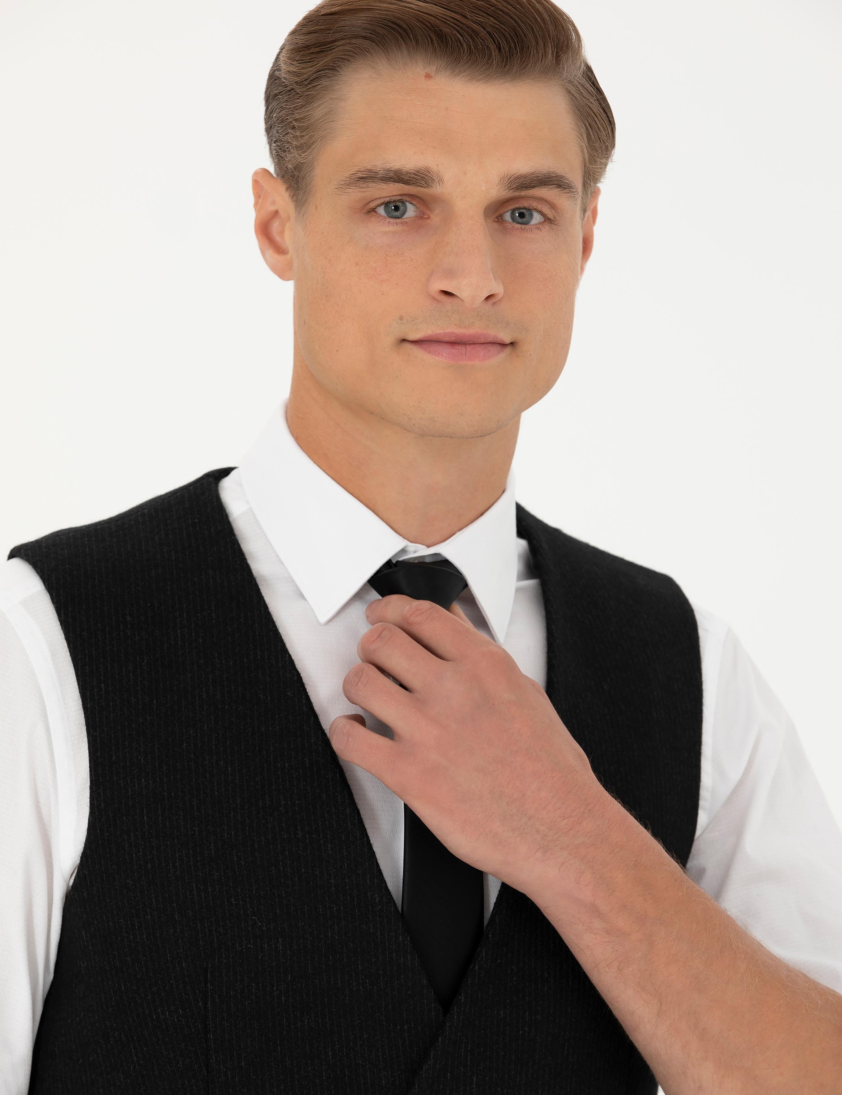 Siyah Slim Fit Yün Karışımlı Çizgili Klasik Yelek - 50276508013