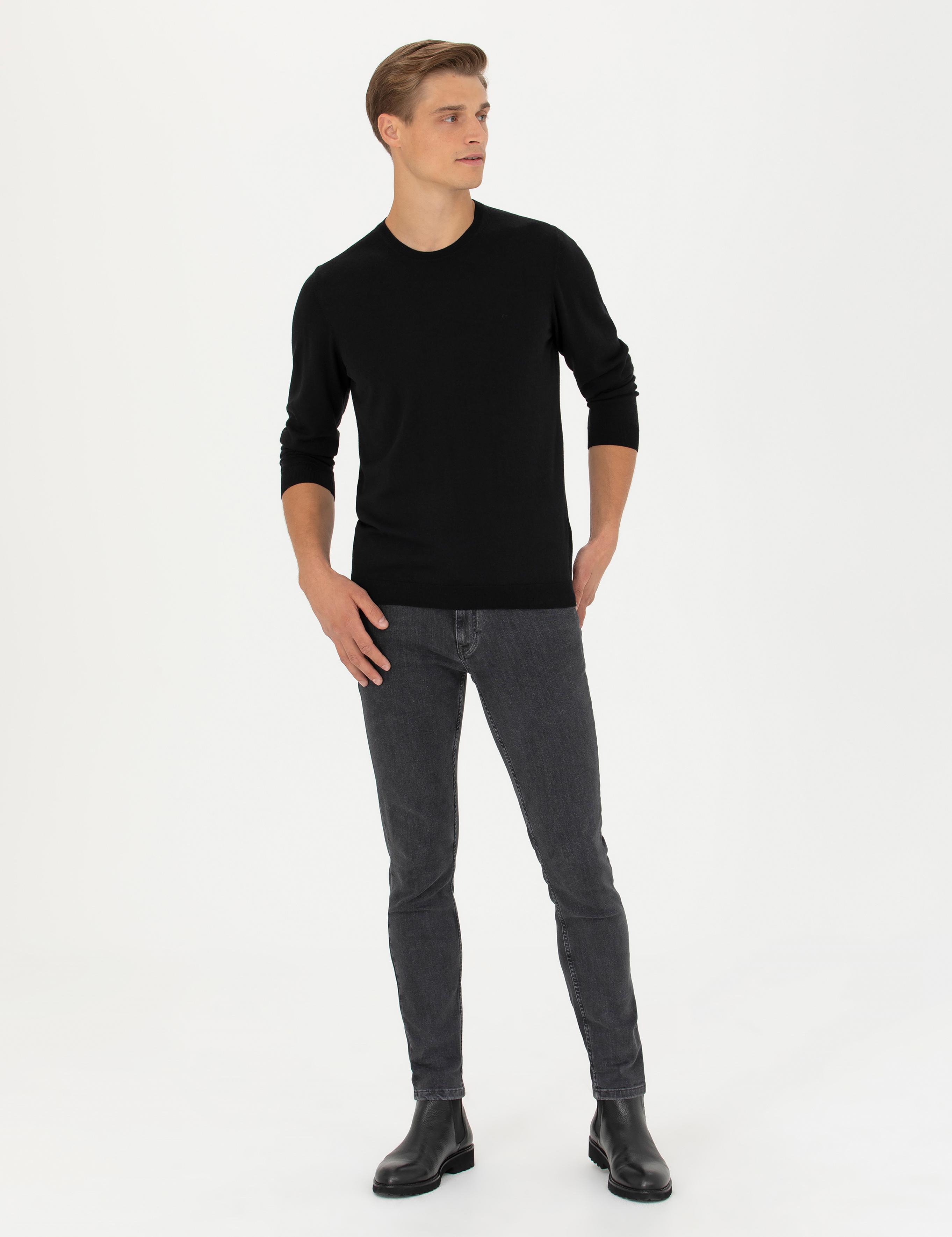Siyah Slim Fit Kaşmir İpek Karışımlı Bisiklet Yaka Triko Kazak - 50280197029