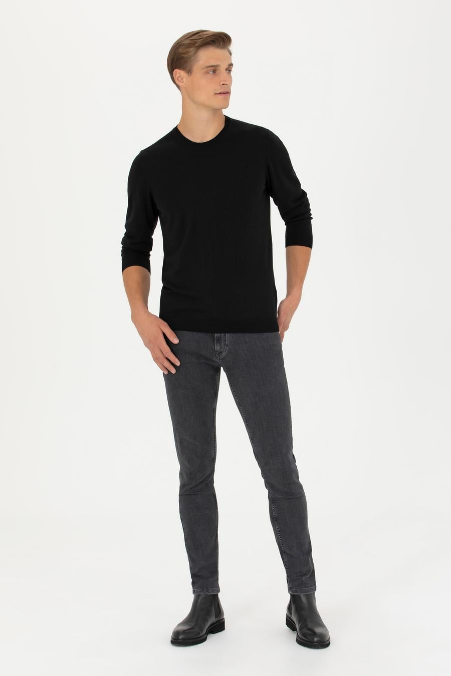 Siyah Slim Fit Kaşmir İpek Karışımlı Bisiklet Yaka Triko Kazak - 50280197029