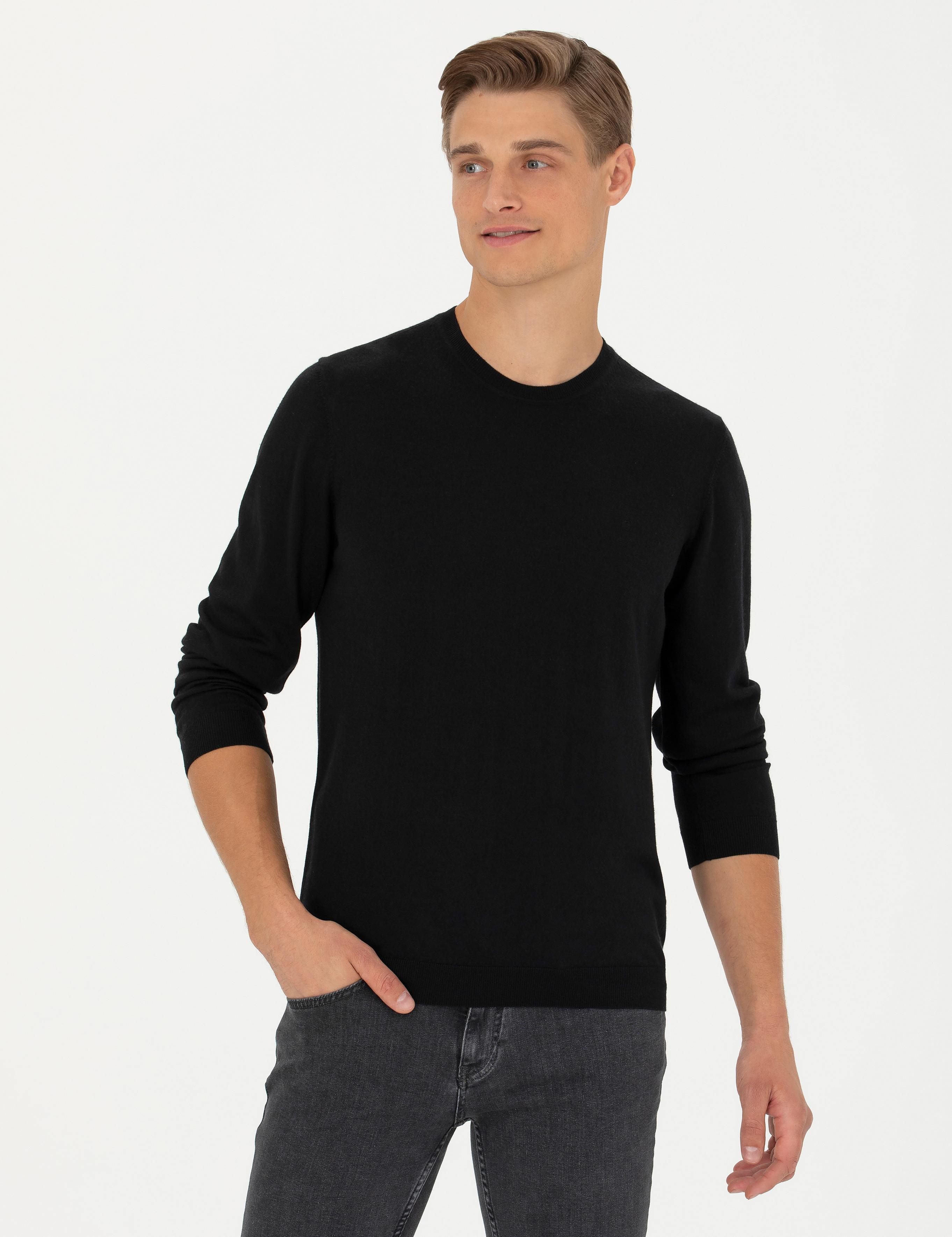 Siyah Slim Fit Kaşmir İpek Karışımlı Bisiklet Yaka Triko Kazak - 50280197029