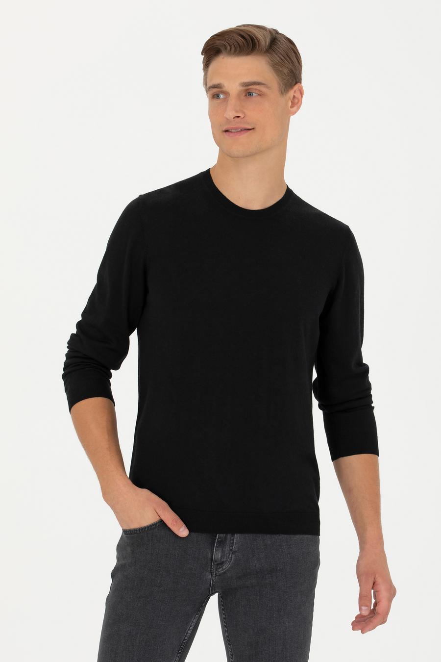 Siyah Slim Fit Kaşmir İpek Karışımlı Bisiklet Yaka Triko Kazak - 50280197029