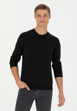 Siyah Slim Fit Kaşmir İpek Karışımlı Bisiklet Yaka Triko Kazak