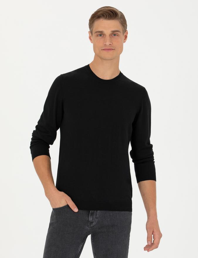 Siyah Slim Fit Kaşmir İpek Karışımlı Bisiklet Yaka Triko Kazak
