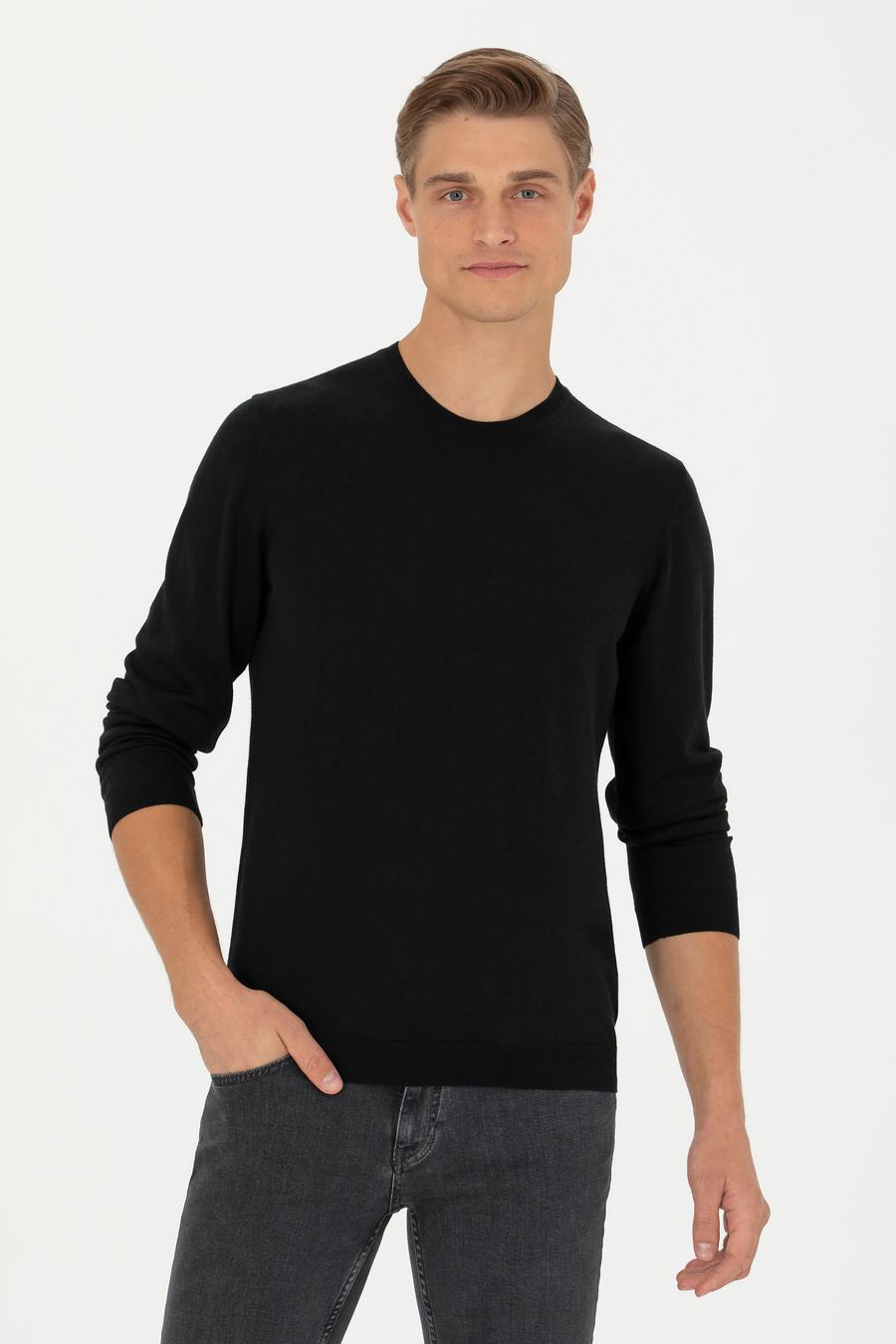 Siyah Slim Fit Kaşmir İpek Karışımlı Bisiklet Yaka Triko Kazak - 50280197029