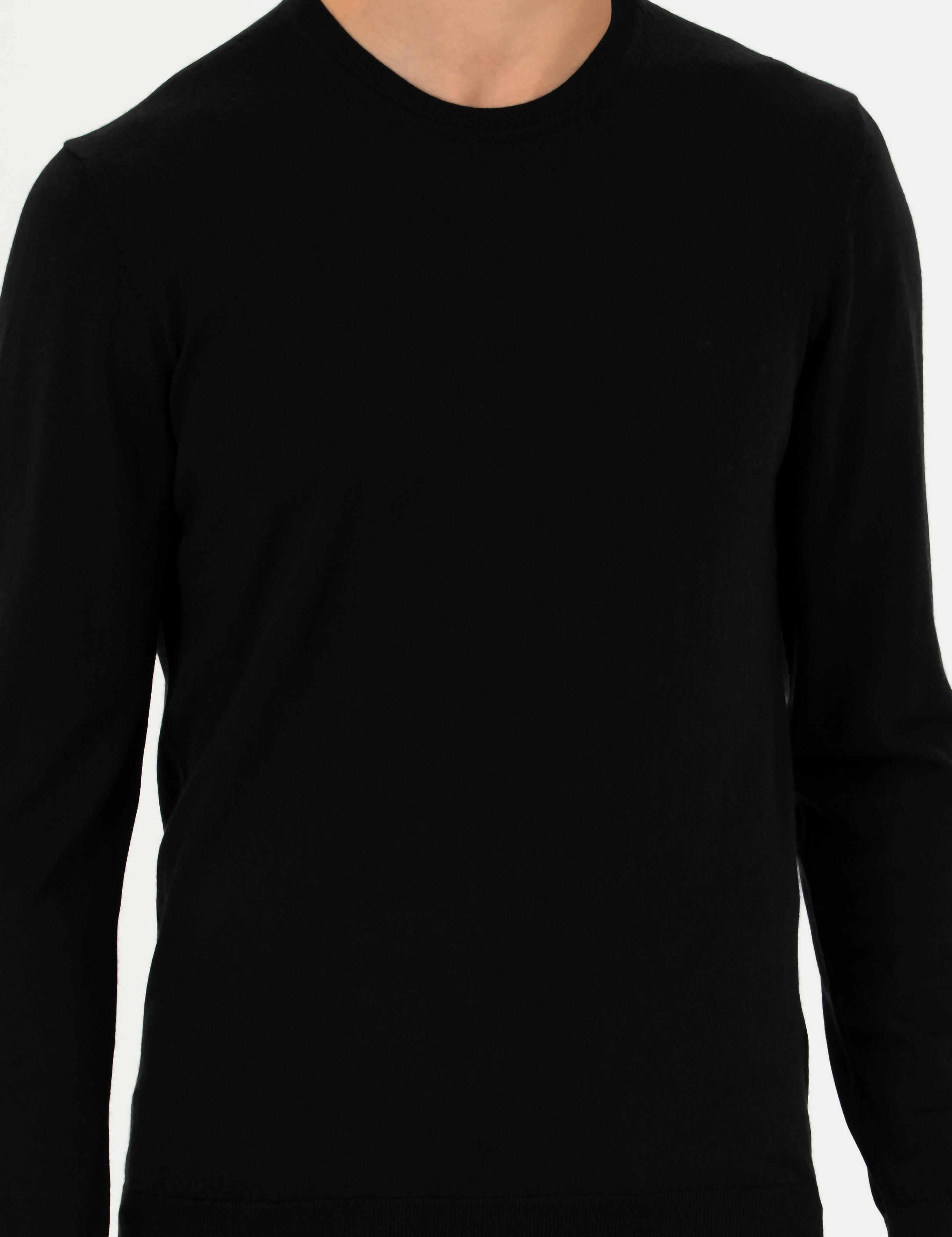 Siyah Slim Fit Kaşmir İpek Karışımlı Bisiklet Yaka Triko Kazak - 50280197029