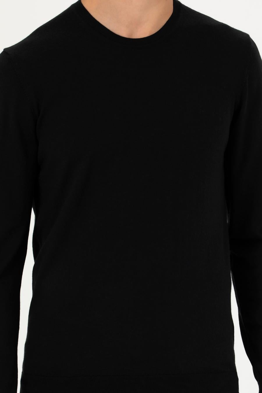 Siyah Slim Fit Kaşmir İpek Karışımlı Bisiklet Yaka Triko Kazak - 50280197029
