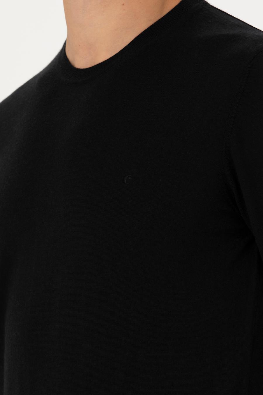 Siyah Slim Fit Kaşmir İpek Karışımlı Bisiklet Yaka Triko Kazak - 50280197029