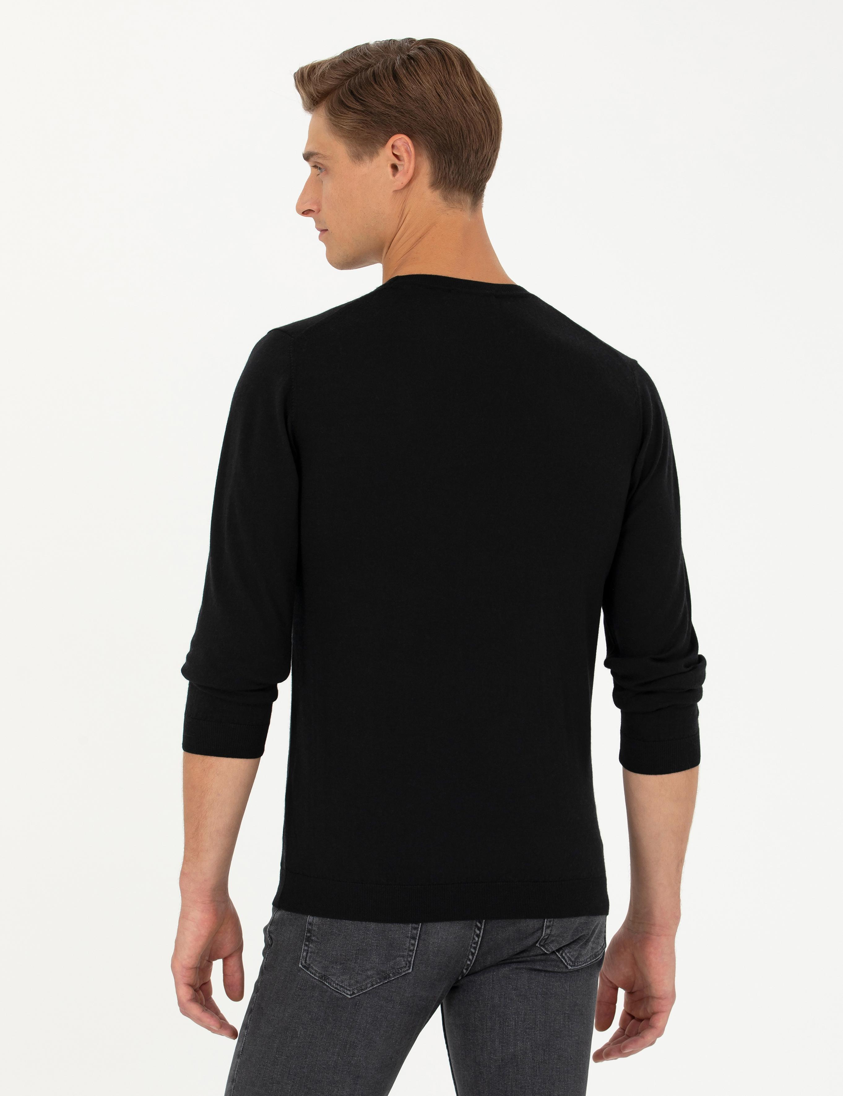 Siyah Slim Fit Kaşmir İpek Karışımlı Bisiklet Yaka Triko Kazak - 50280197029