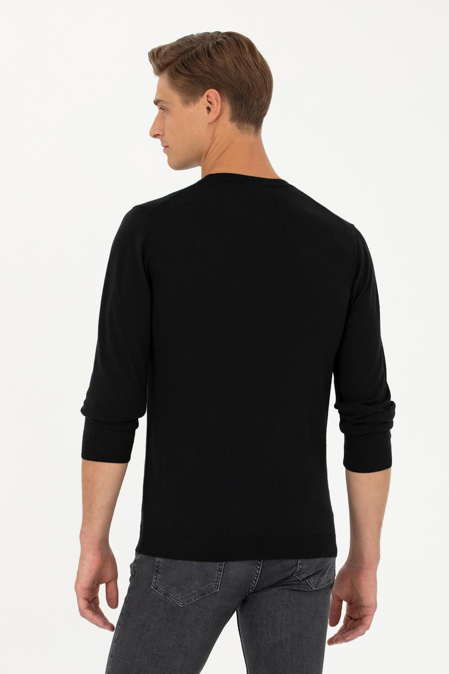 Siyah Slim Fit Kaşmir İpek Karışımlı Bisiklet Yaka Triko Kazak - 50280197029