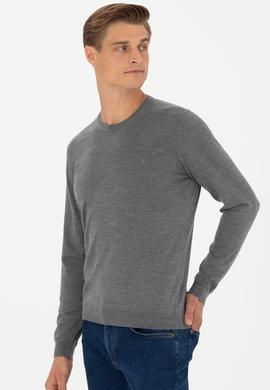 Gri Slim Fit Kaşmir İpek Karışımlı Bisiklet Yaka Triko Kazak