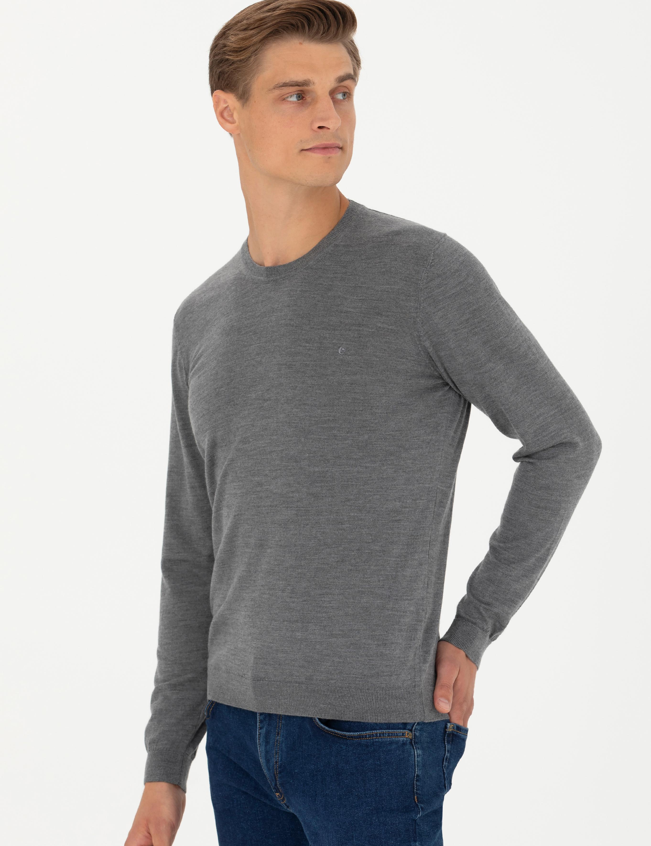Gri Slim Fit Kaşmir İpek Karışımlı Bisiklet Yaka Triko Kazak - 50280197037