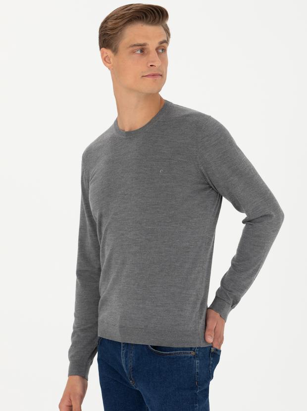 Gri Slim Fit Kaşmir İpek Karışımlı Bisiklet Yaka Triko Kazak