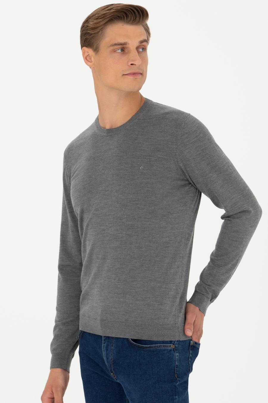 Gri Slim Fit Kaşmir İpek Karışımlı Bisiklet Yaka Triko Kazak - 50280197037