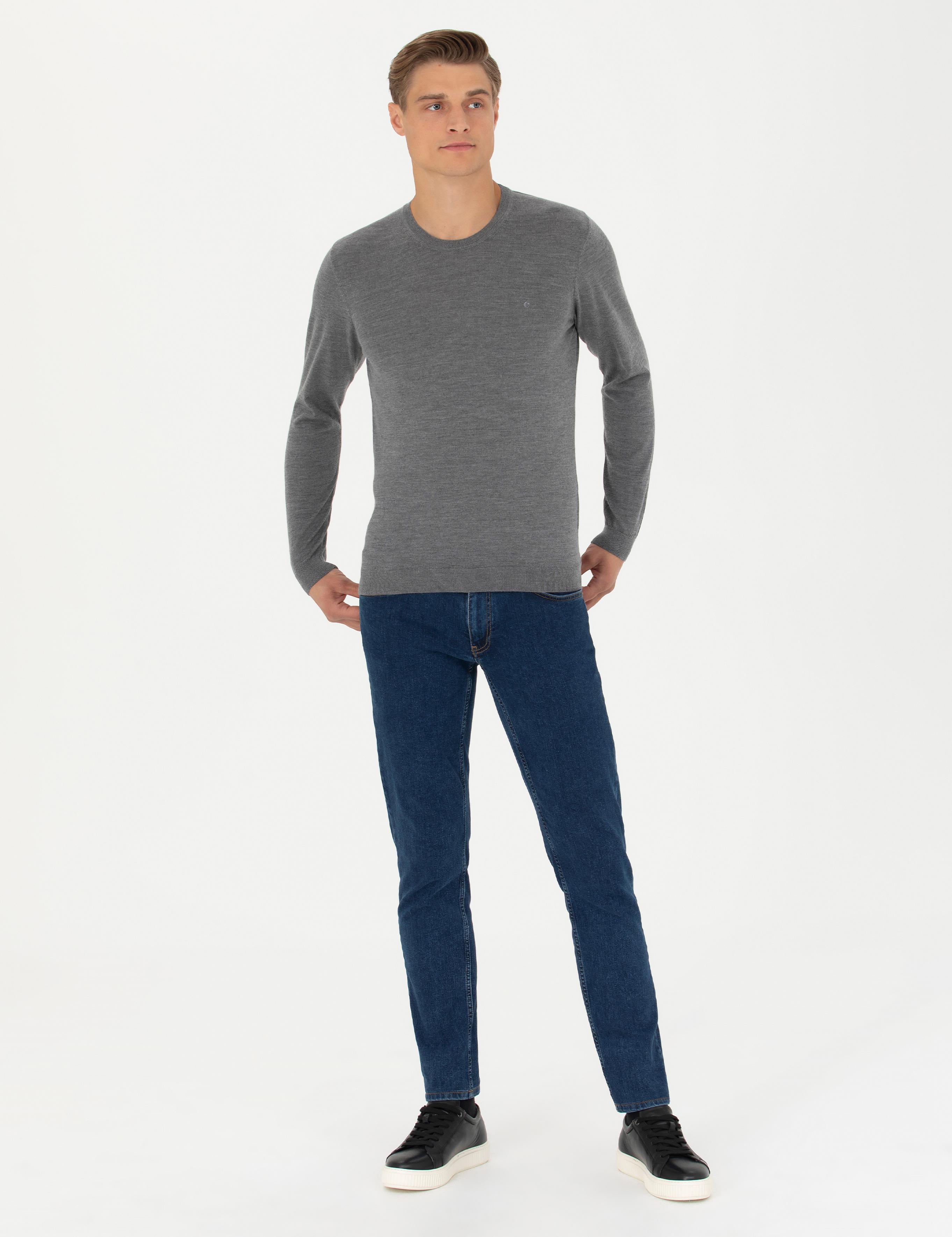 Gri Slim Fit Kaşmir İpek Karışımlı Bisiklet Yaka Triko Kazak - 50280197037