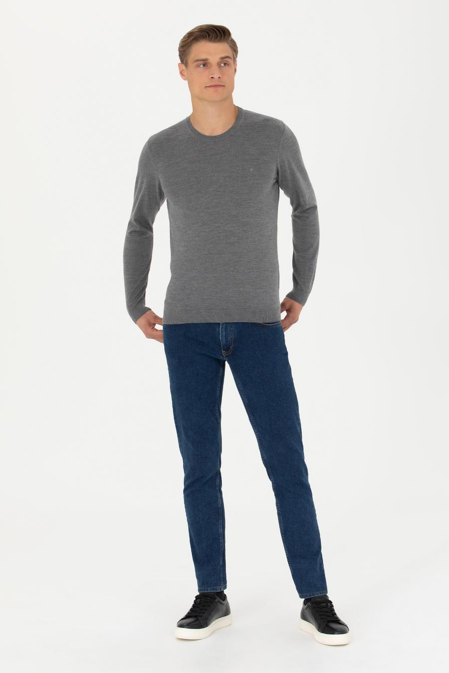 Gri Slim Fit Kaşmir İpek Karışımlı Bisiklet Yaka Triko Kazak - 50280197037