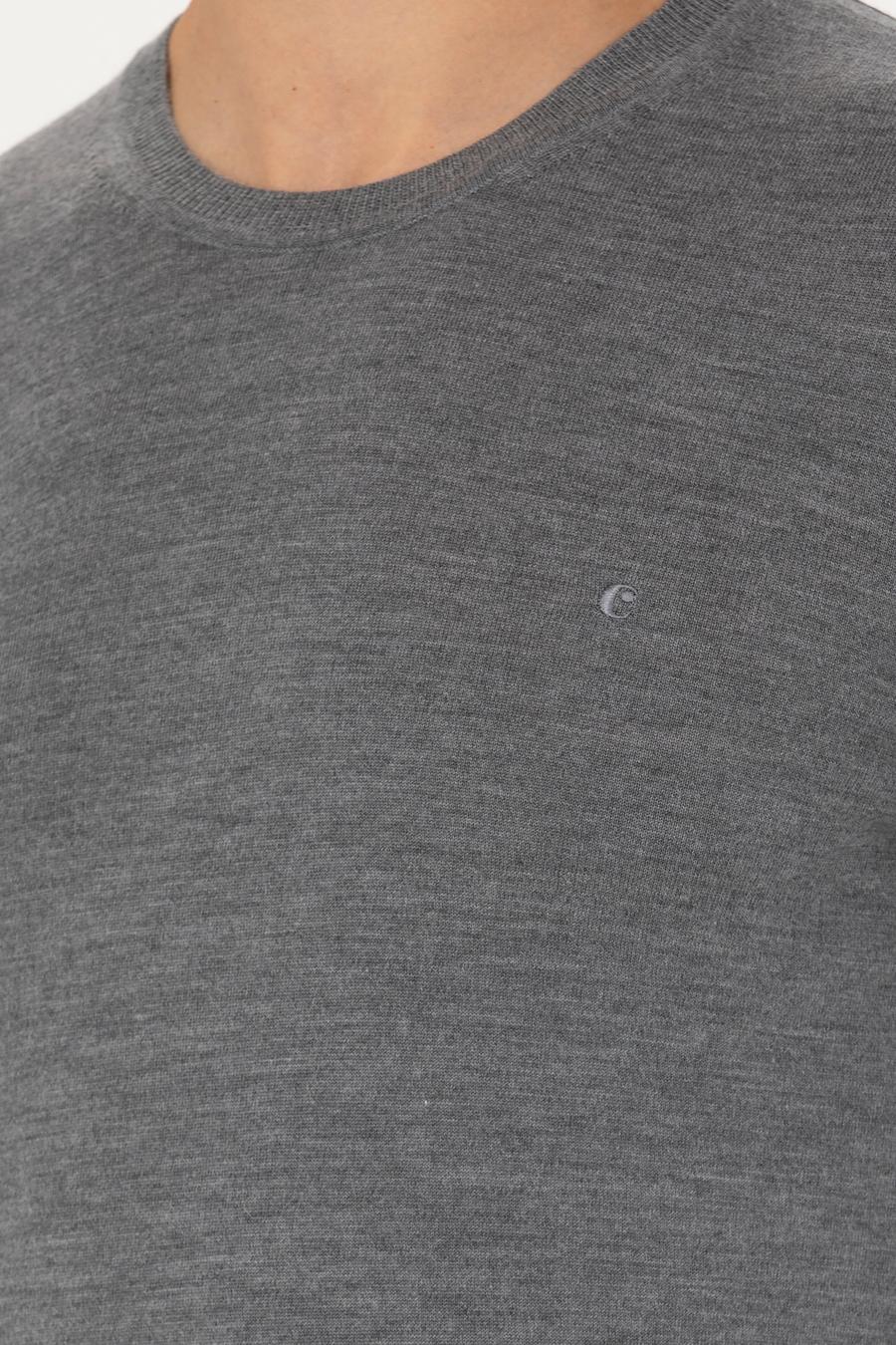 Gri Slim Fit Kaşmir İpek Karışımlı Bisiklet Yaka Triko Kazak - 50280197037