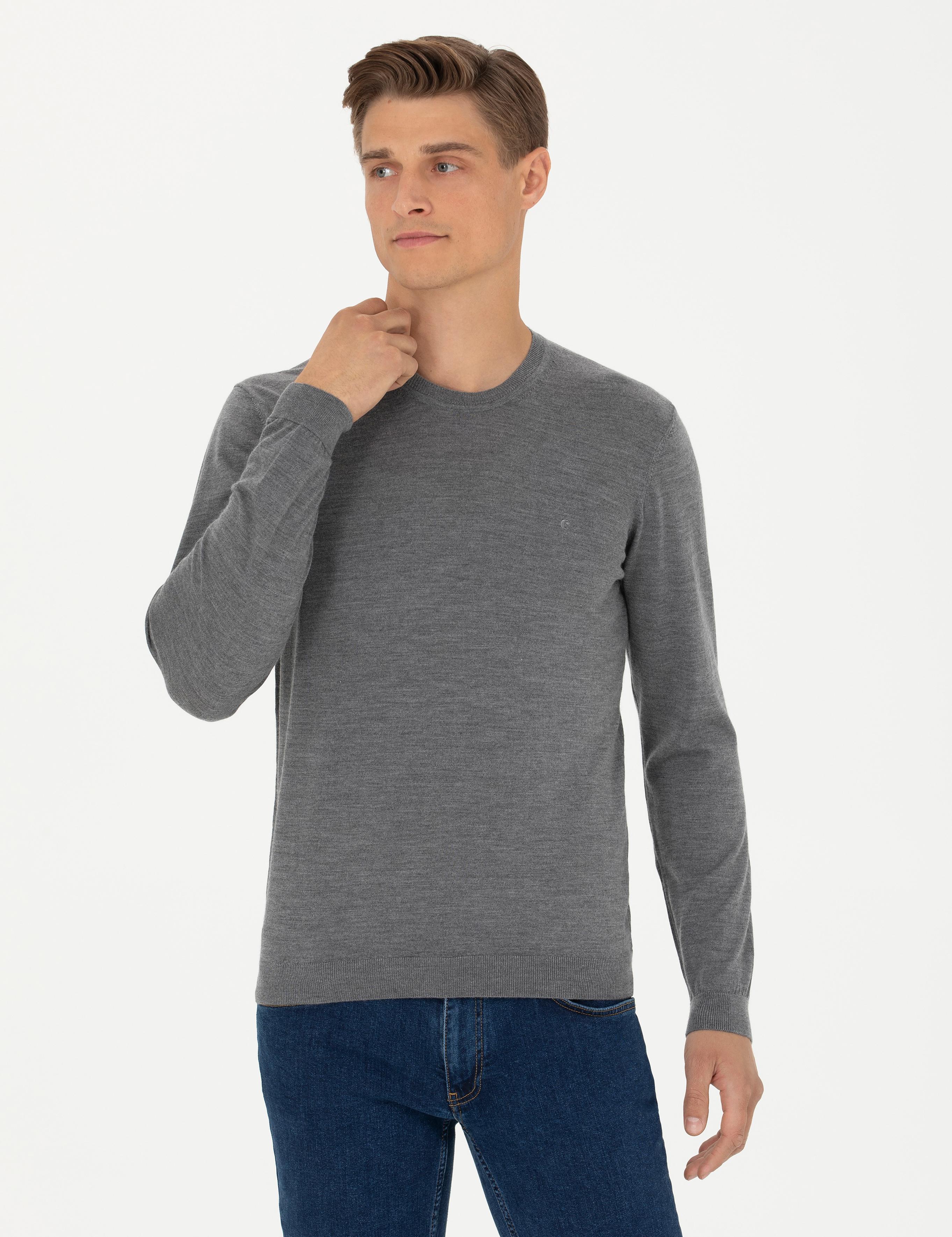 Gri Slim Fit Kaşmir İpek Karışımlı Bisiklet Yaka Triko Kazak - 50280197037