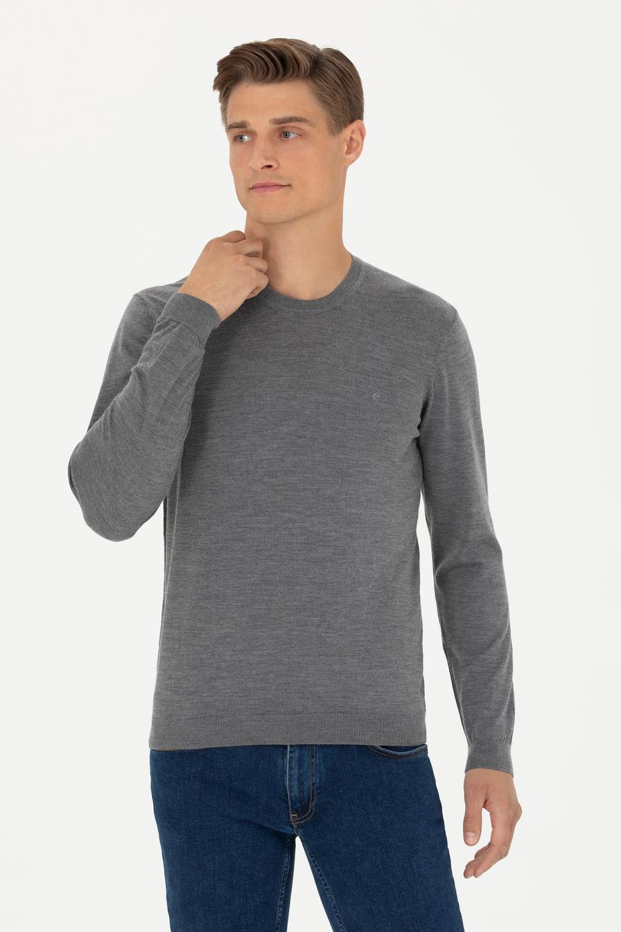 Gri Slim Fit Kaşmir İpek Karışımlı Bisiklet Yaka Triko Kazak - 50280197037
