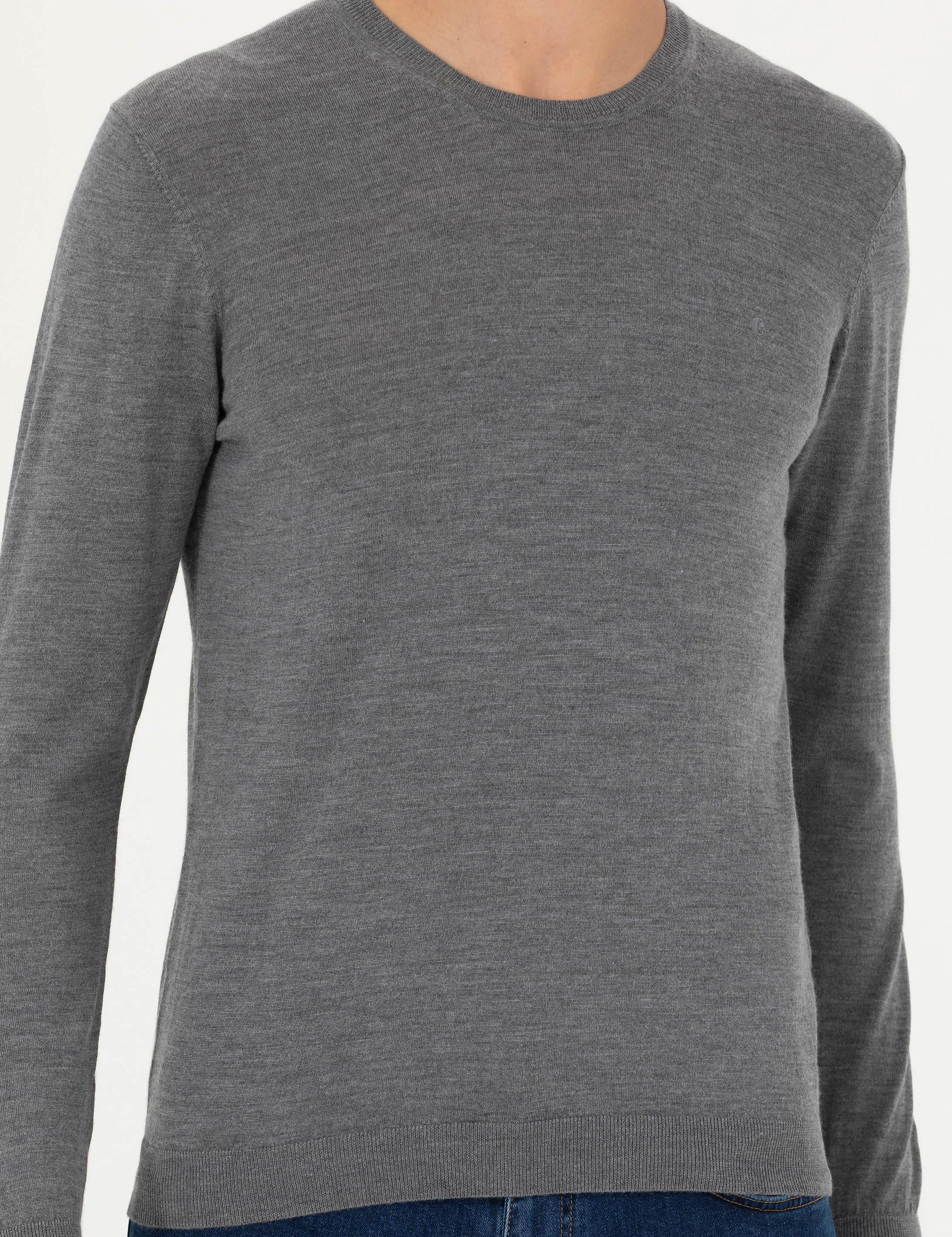 Gri Slim Fit Kaşmir İpek Karışımlı Bisiklet Yaka Triko Kazak - 50280197037