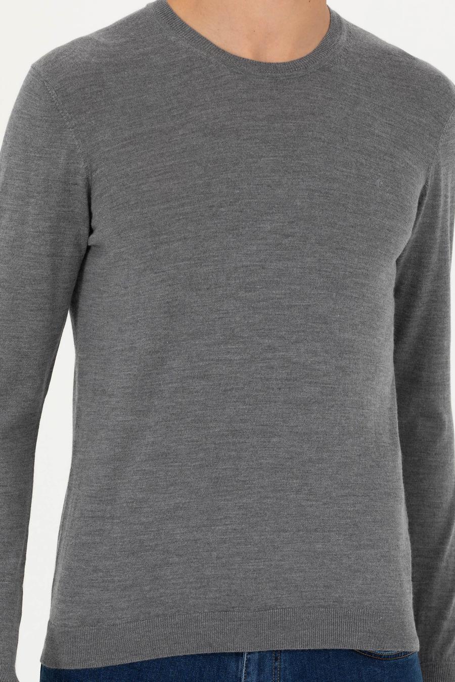 Gri Slim Fit Kaşmir İpek Karışımlı Bisiklet Yaka Triko Kazak - 50280197037
