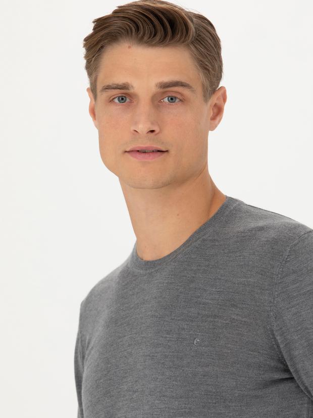 Gri Slim Fit Kaşmir İpek Karışımlı Bisiklet Yaka Triko Kazak