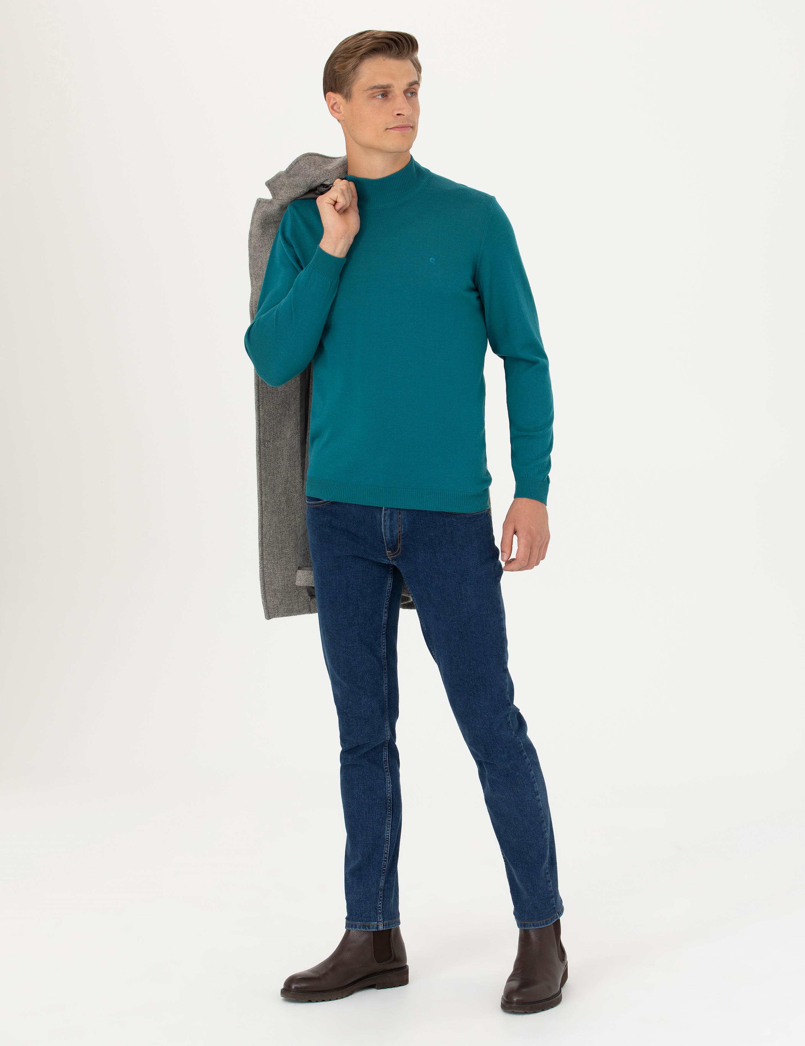 Açık Petrol Slim Fit Bisiklet Yaka Basic Triko Kazak - 50270172197