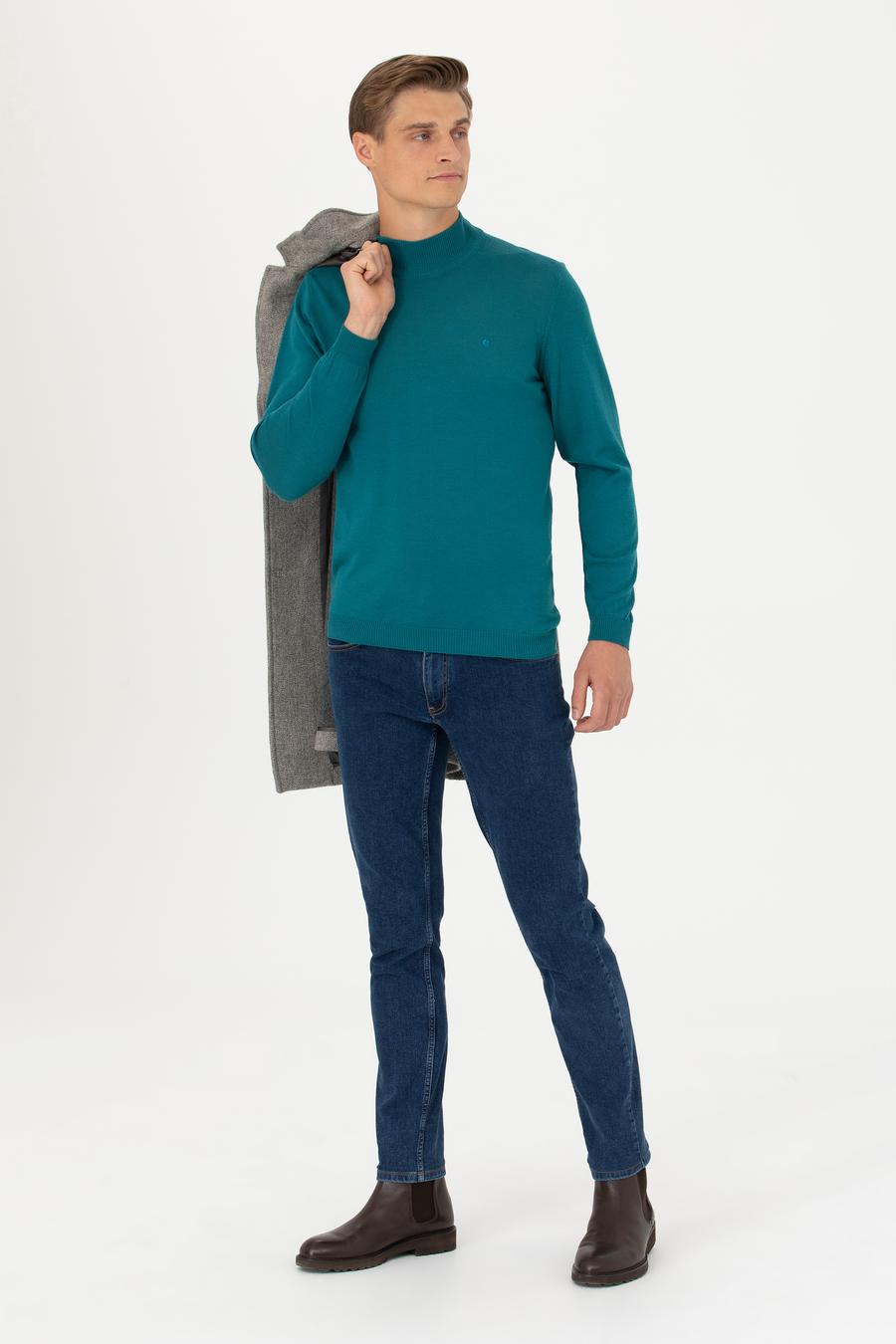 Açık Petrol Slim Fit Bisiklet Yaka Basic Triko Kazak - 50270172197